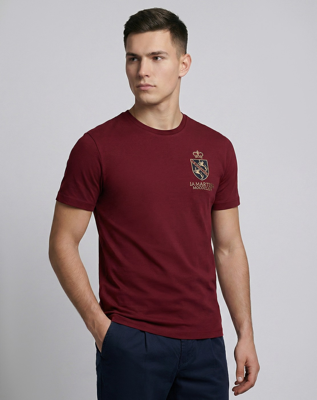 Cotton Mercerized Slim Fit Crew Neck Embroidered Red Tshirt