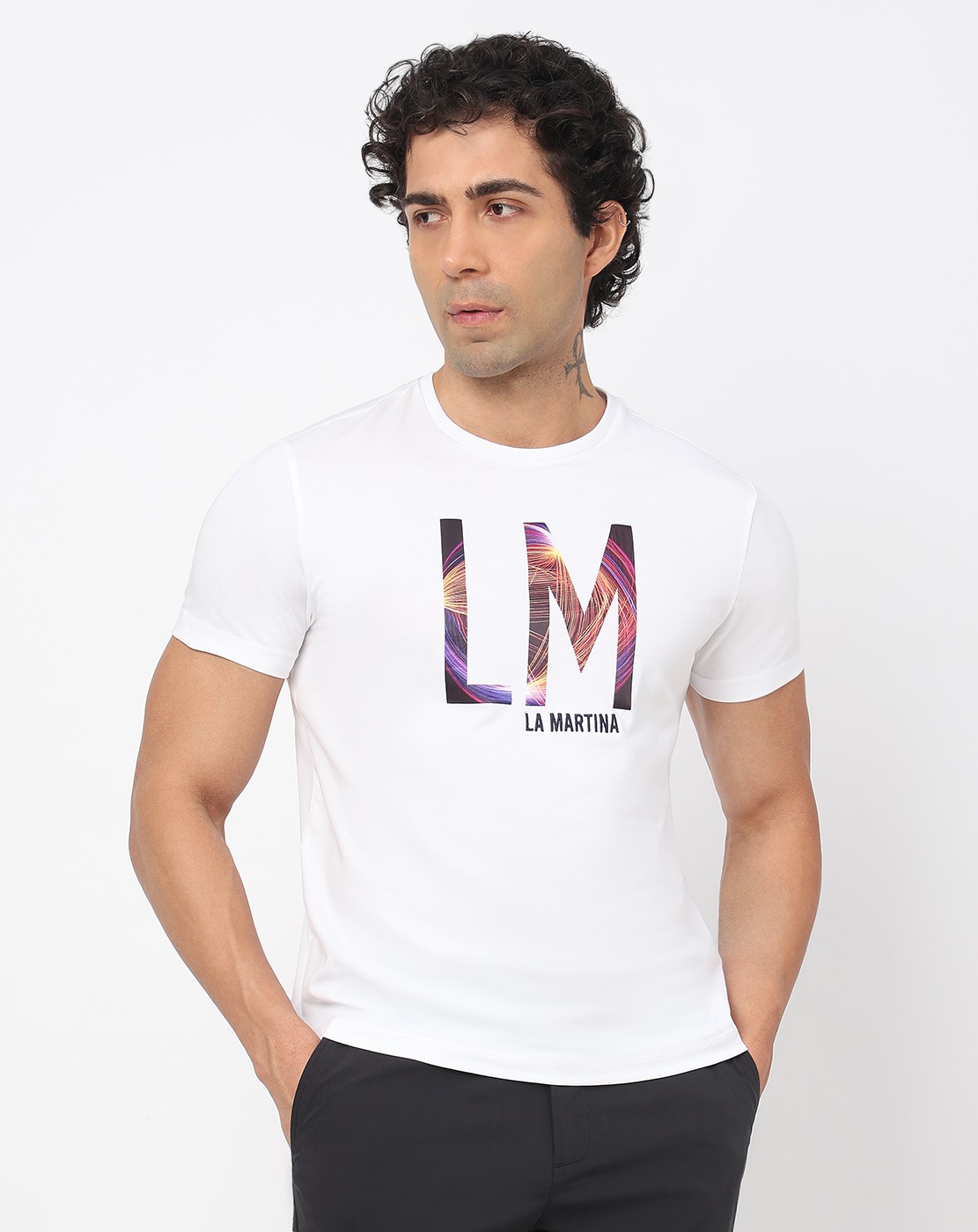 Cotton Stretch Slim Fit Crew Neck Graphic White Tshirt