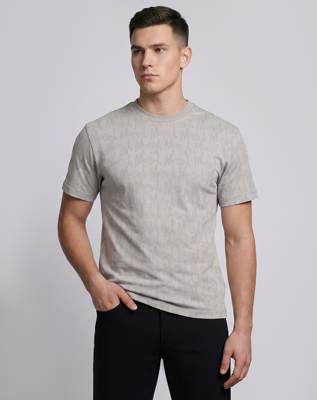Cotton Mercerized Relaxed Fit Crew Neck Flock Print Grey Tshirt