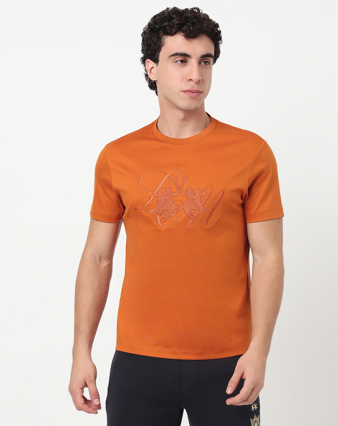 Cotton Mercerized Slim Fit Solid Crew Neck Orange Tshirt