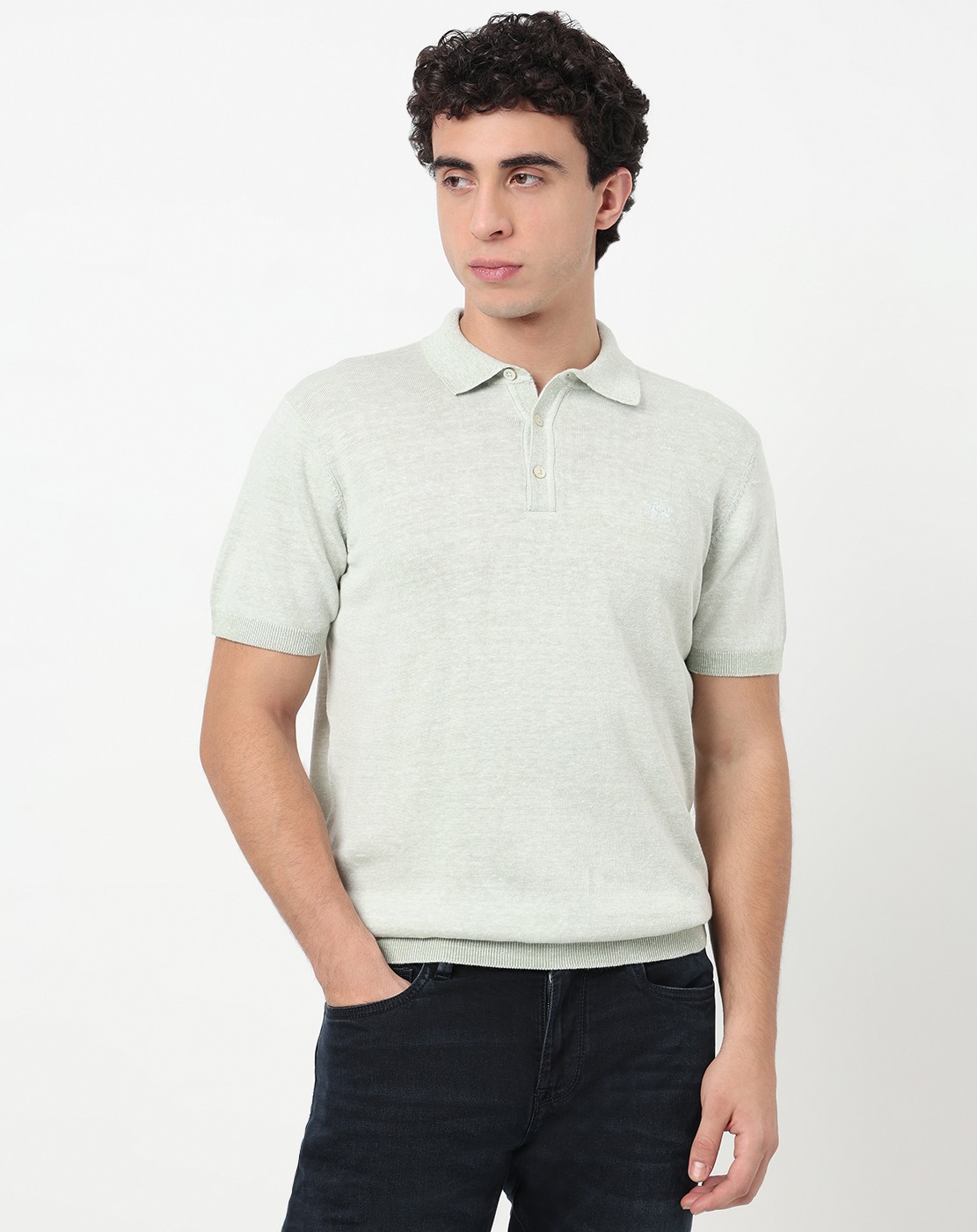 Cotton Linen Slim Fit Green Polo Tshirt