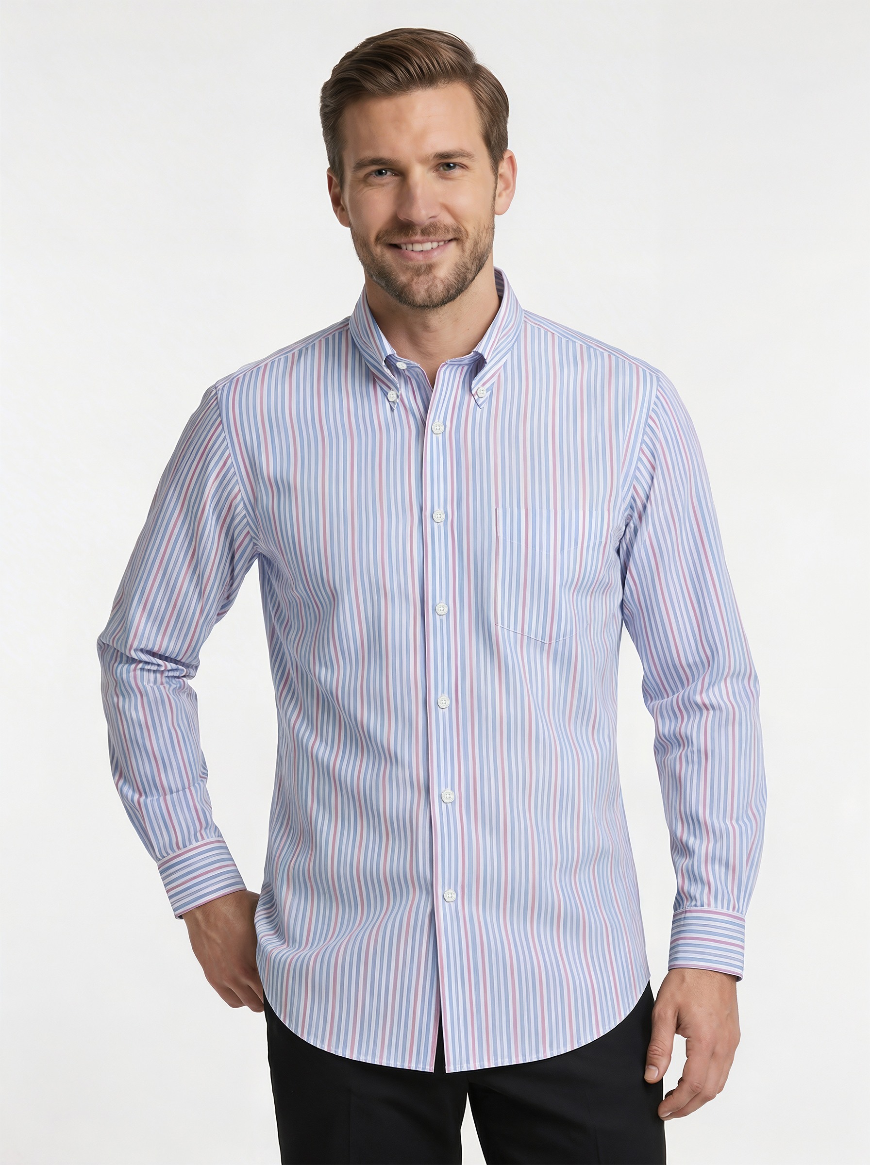 Non-Iron Broadcloth Patterned Cotton Striped Regular Fit Sport Shirt