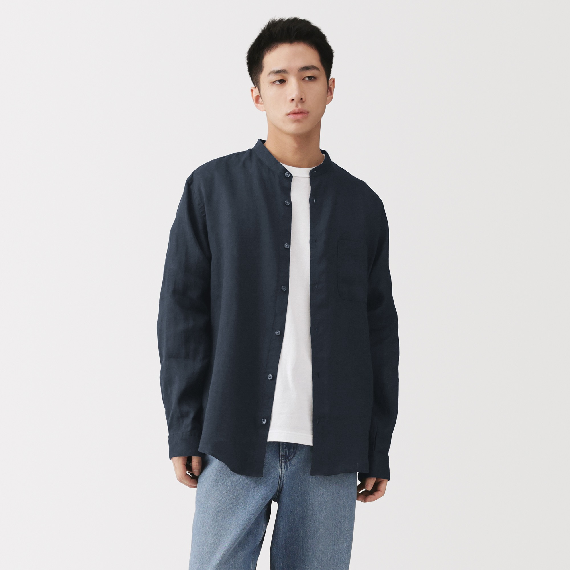 M's Washed linen stand collar L/Slv shirt