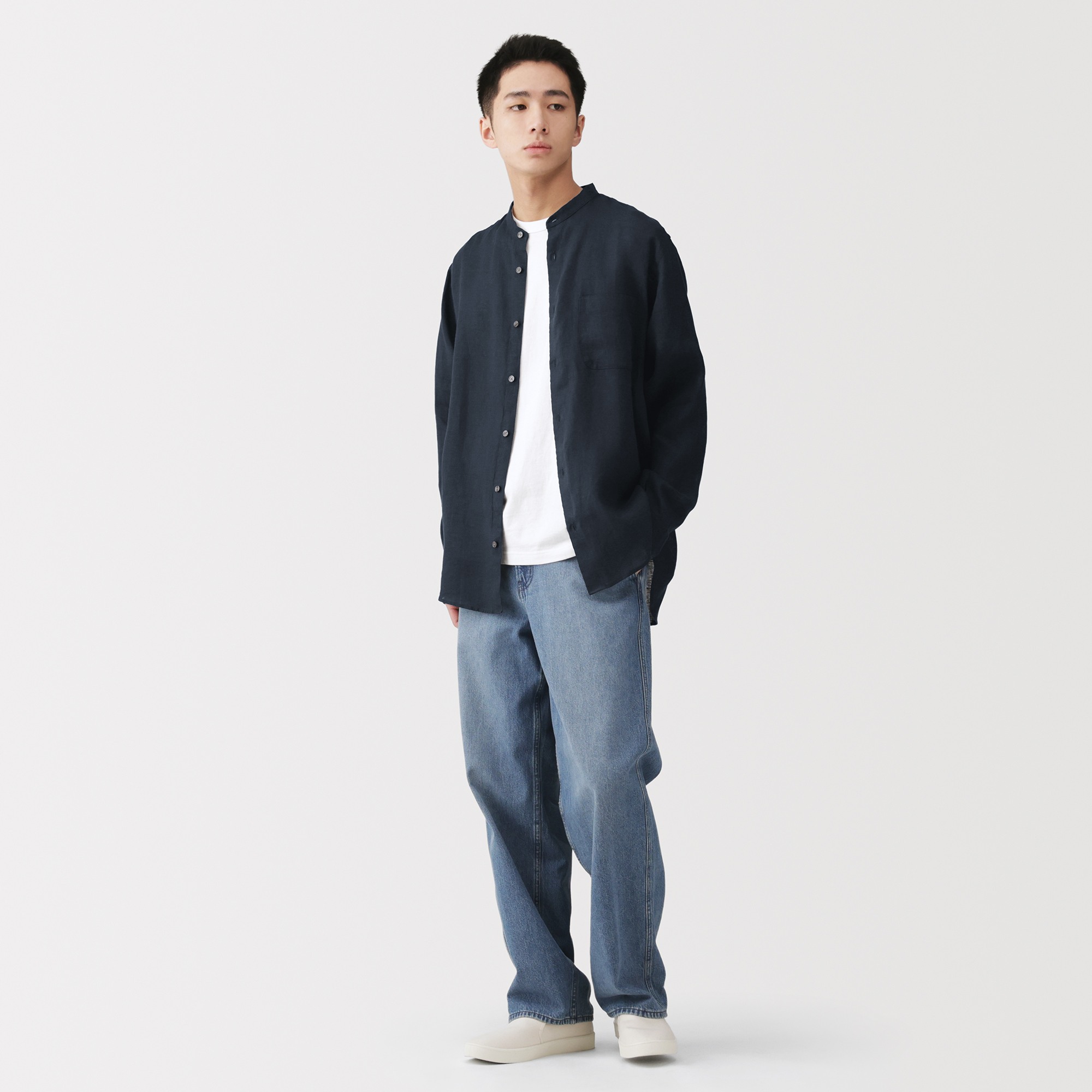 M's Washed linen stand collar L/Slv shirt