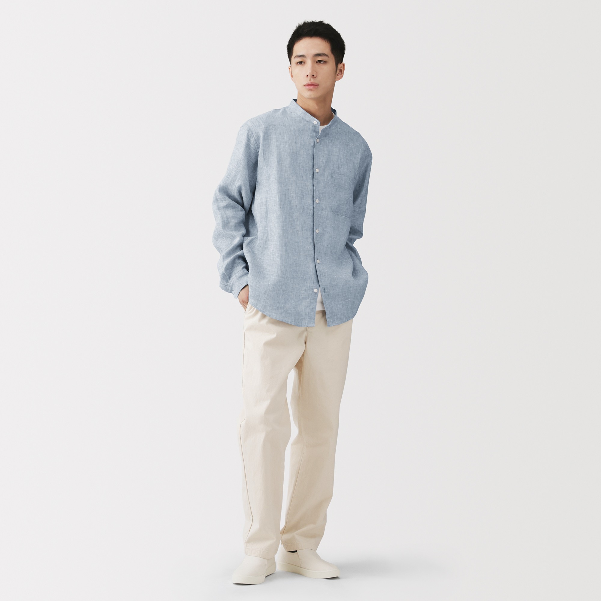 M's Washed linen stand collar L/Slv shirt