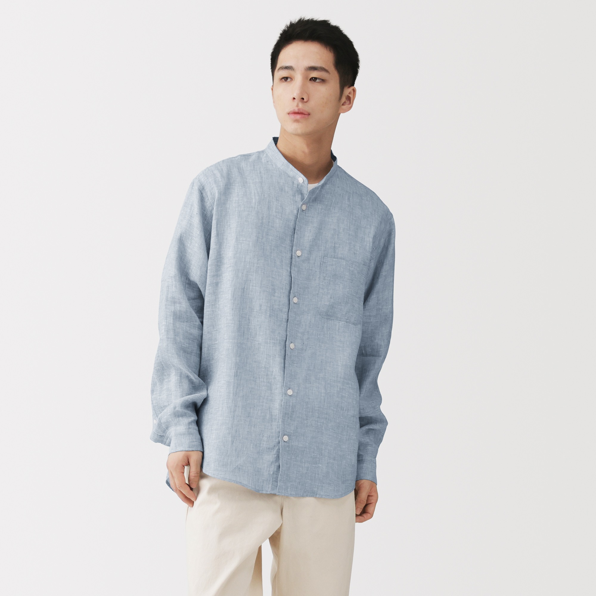 M's Washed linen stand collar L/Slv shirt