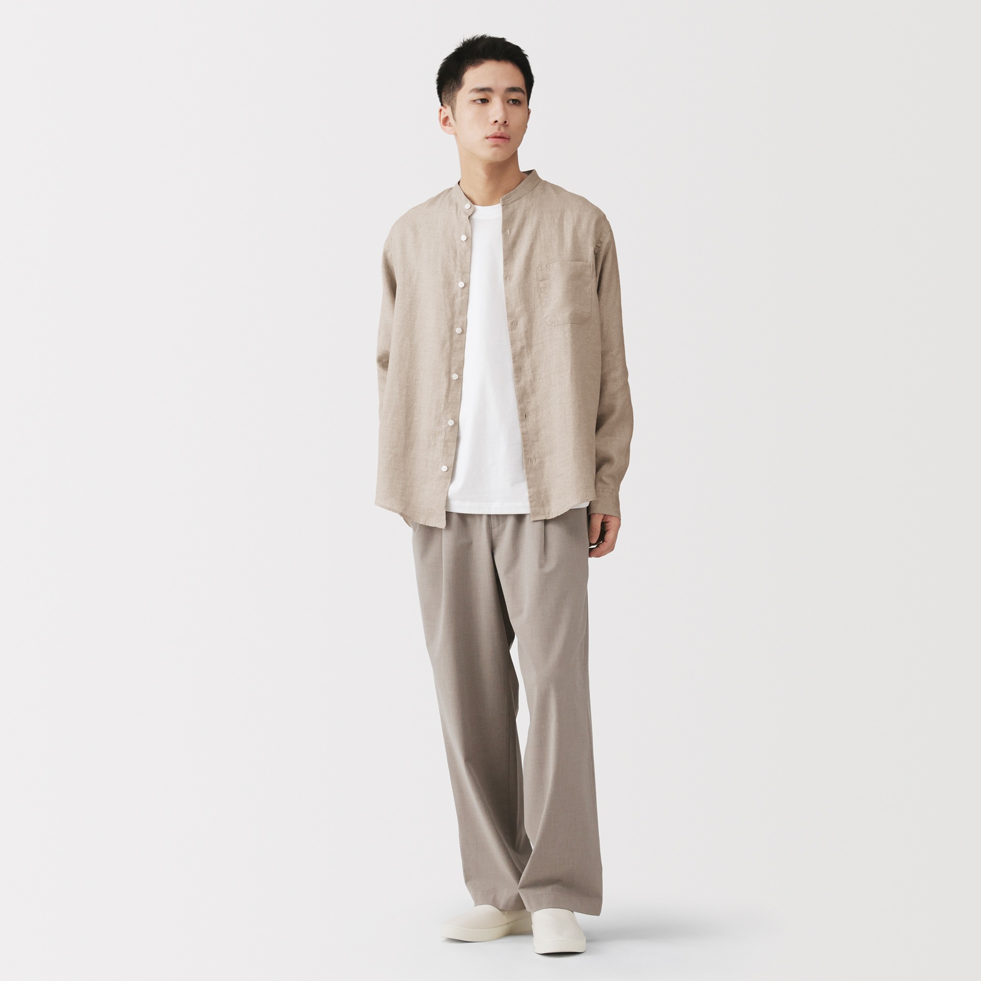 M's Washed linen stand collar L/Slv shirt