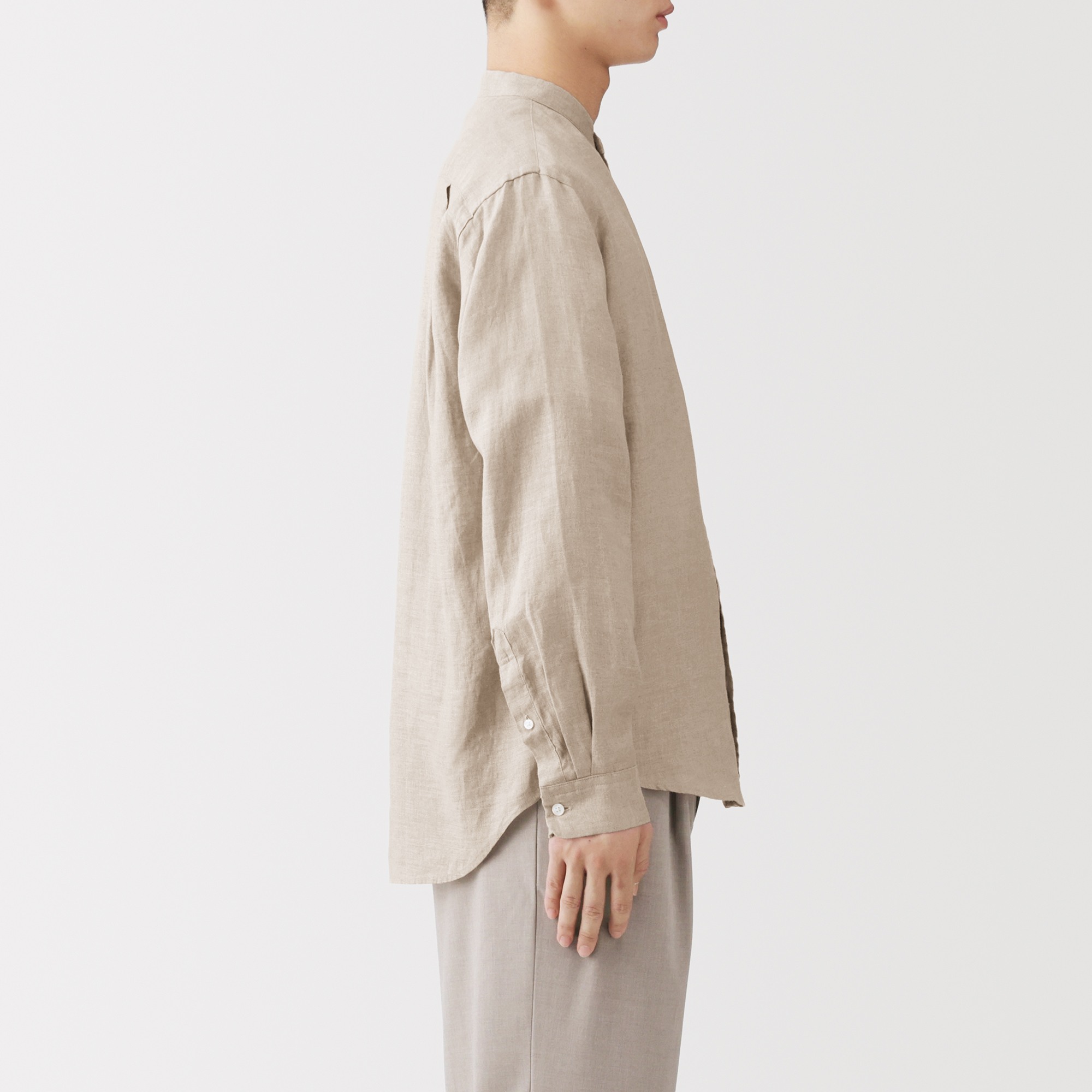 M's Washed linen stand collar L/Slv shirt