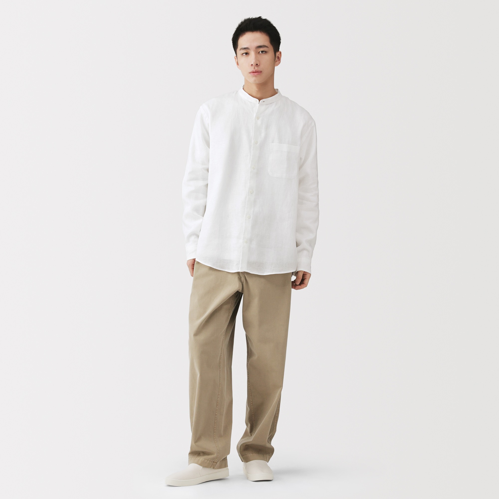 M's Washed linen stand collar L/Slv shirt
