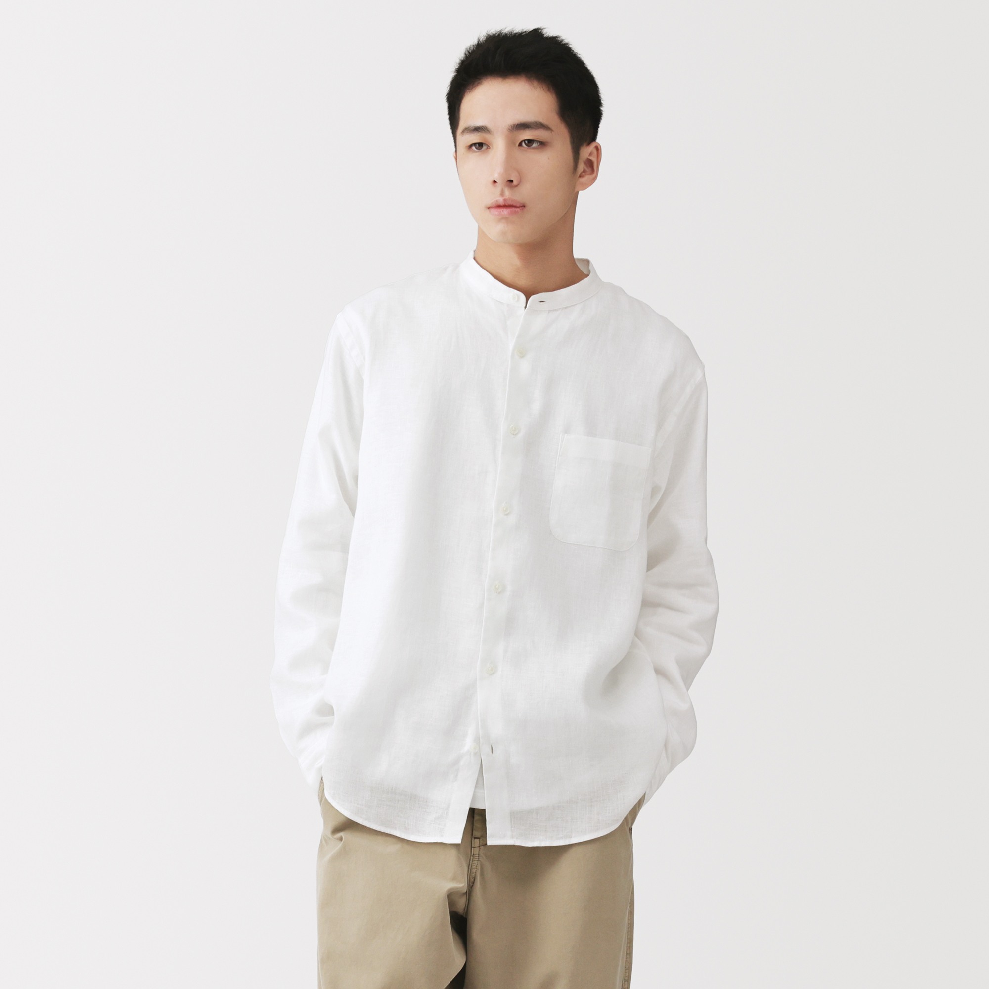 M's Washed linen stand collar L/Slv shirt