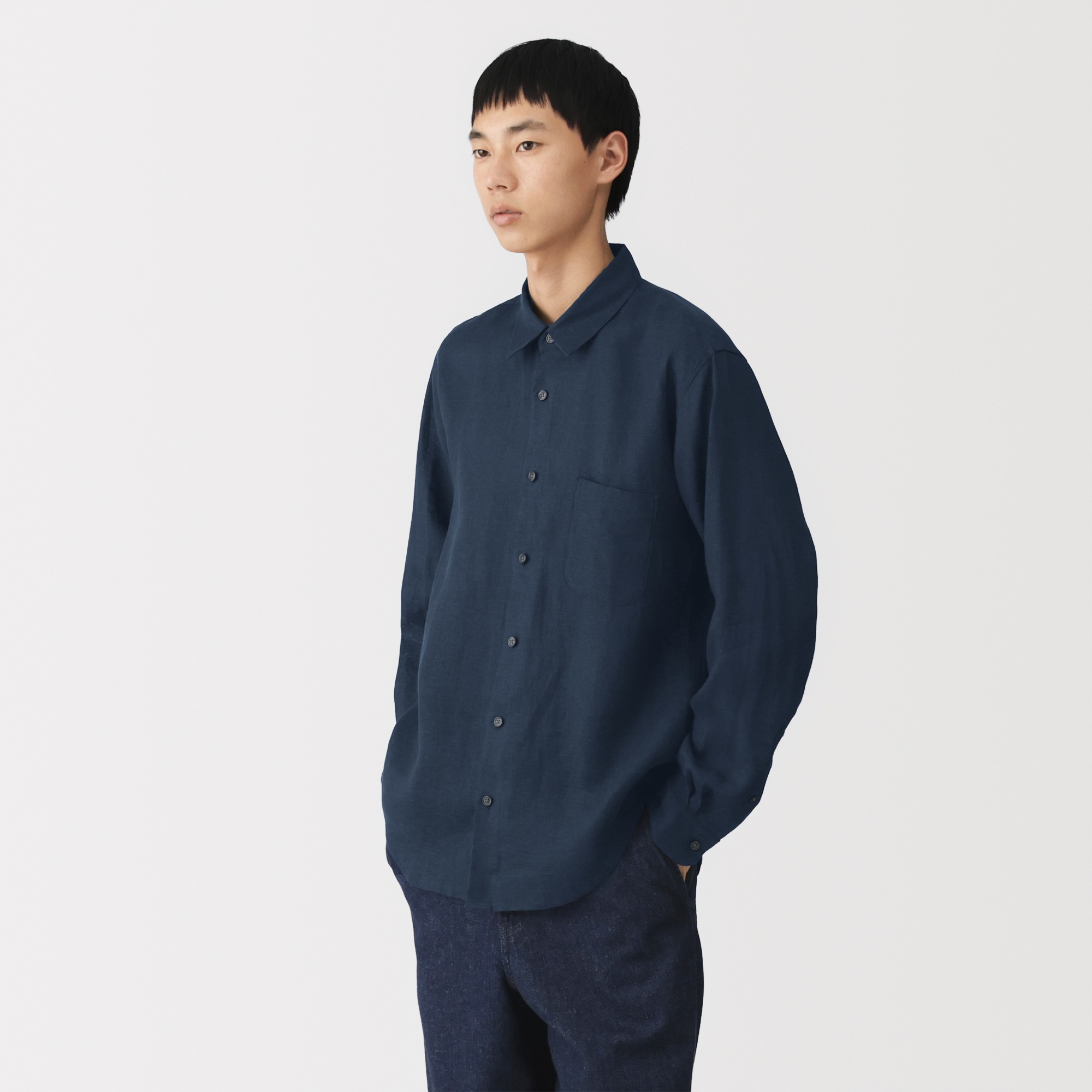 M's Washed linen L/Slv shirt (OS)