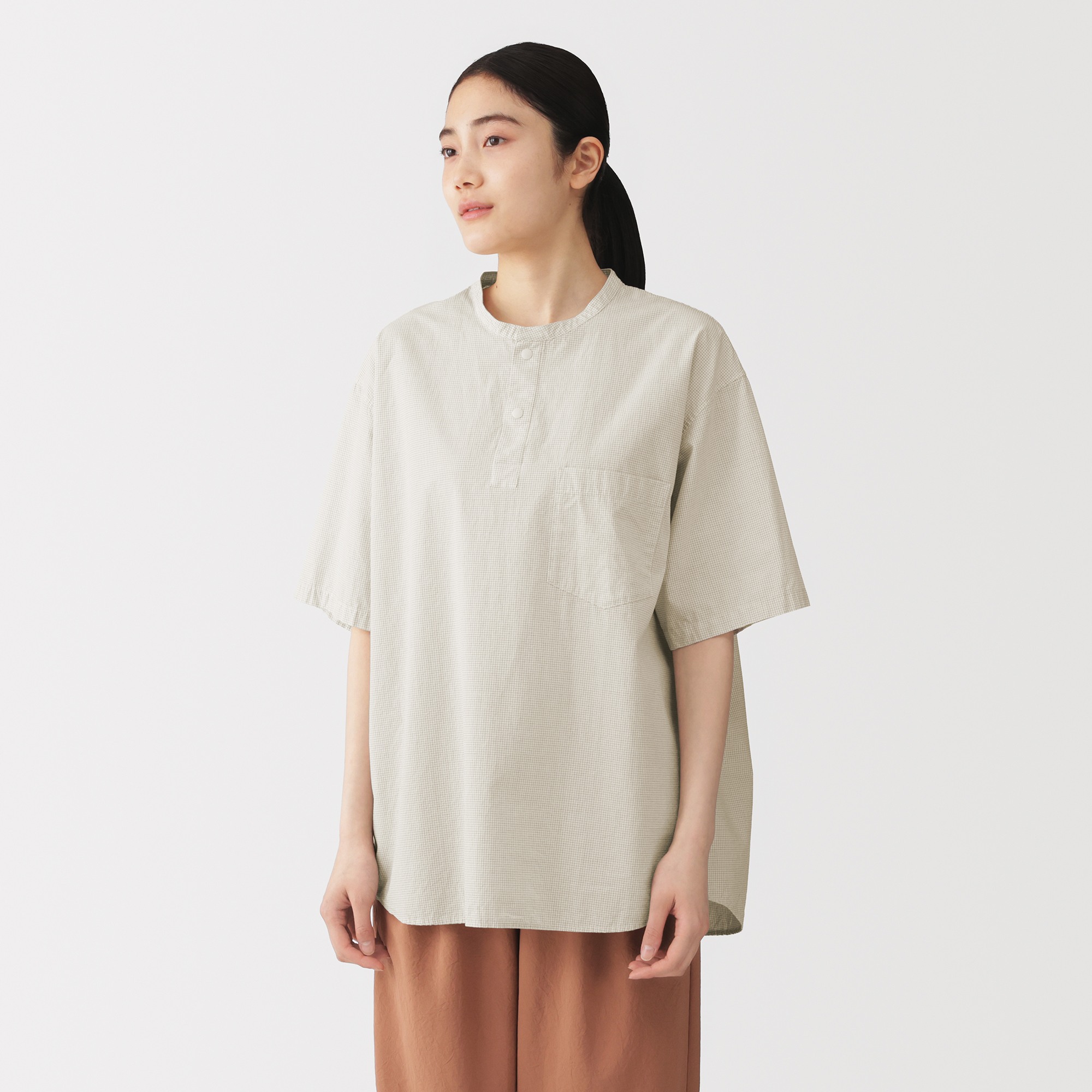 M's Cool touch woven henley neck S/Slv T-shirt