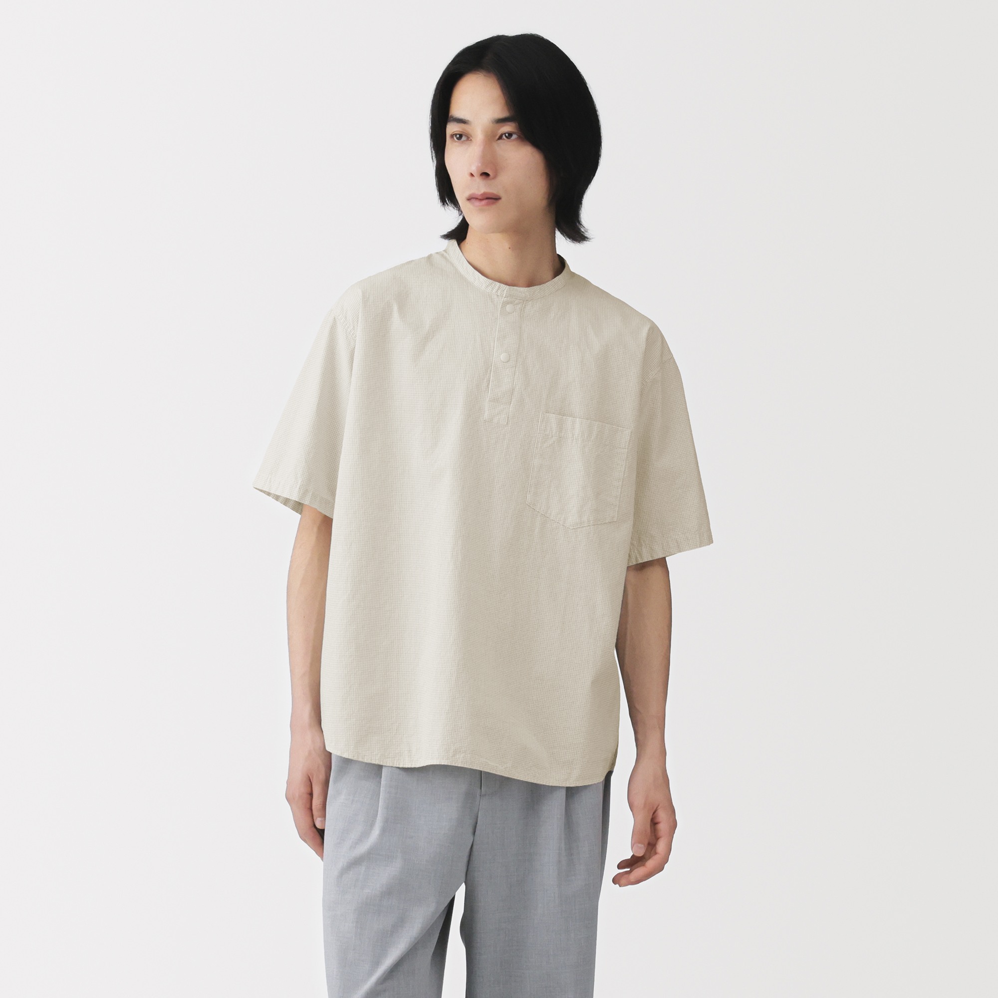 M's Cool touch woven henley neck S/Slv T-shirt