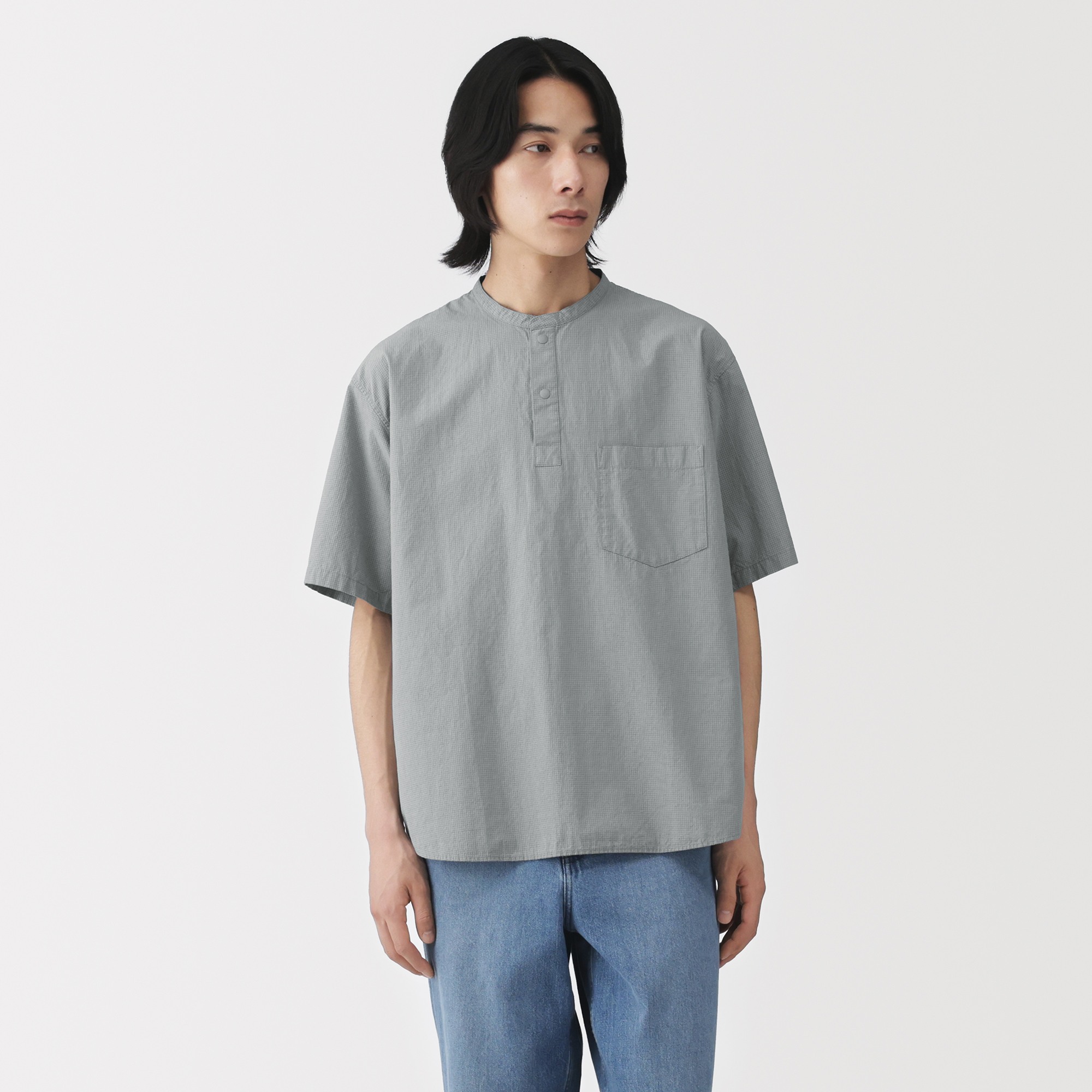 M's Cool touch woven henley neck S/Slv T-shirt