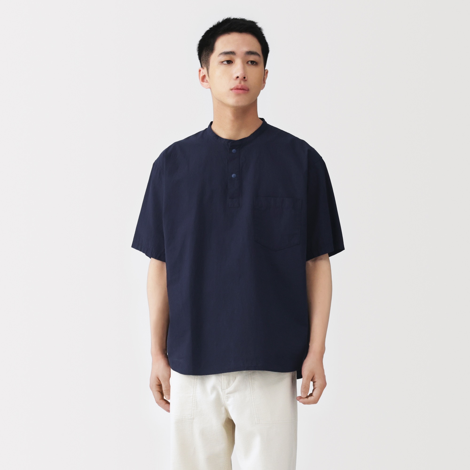 M's Cool touch woven henley neck S/Slv T-shirt