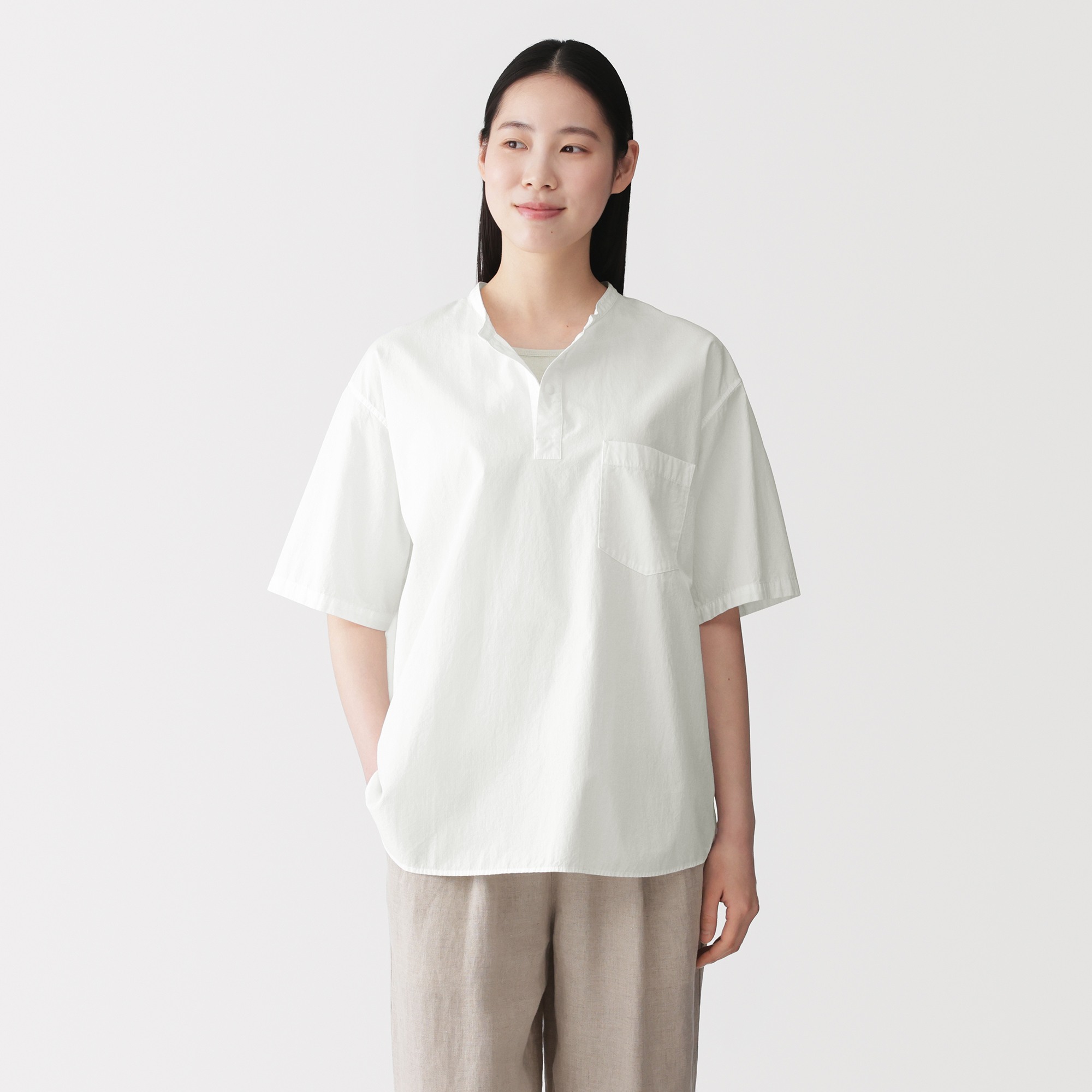 M's Cool touch woven henley neck S/Slv T-shirt