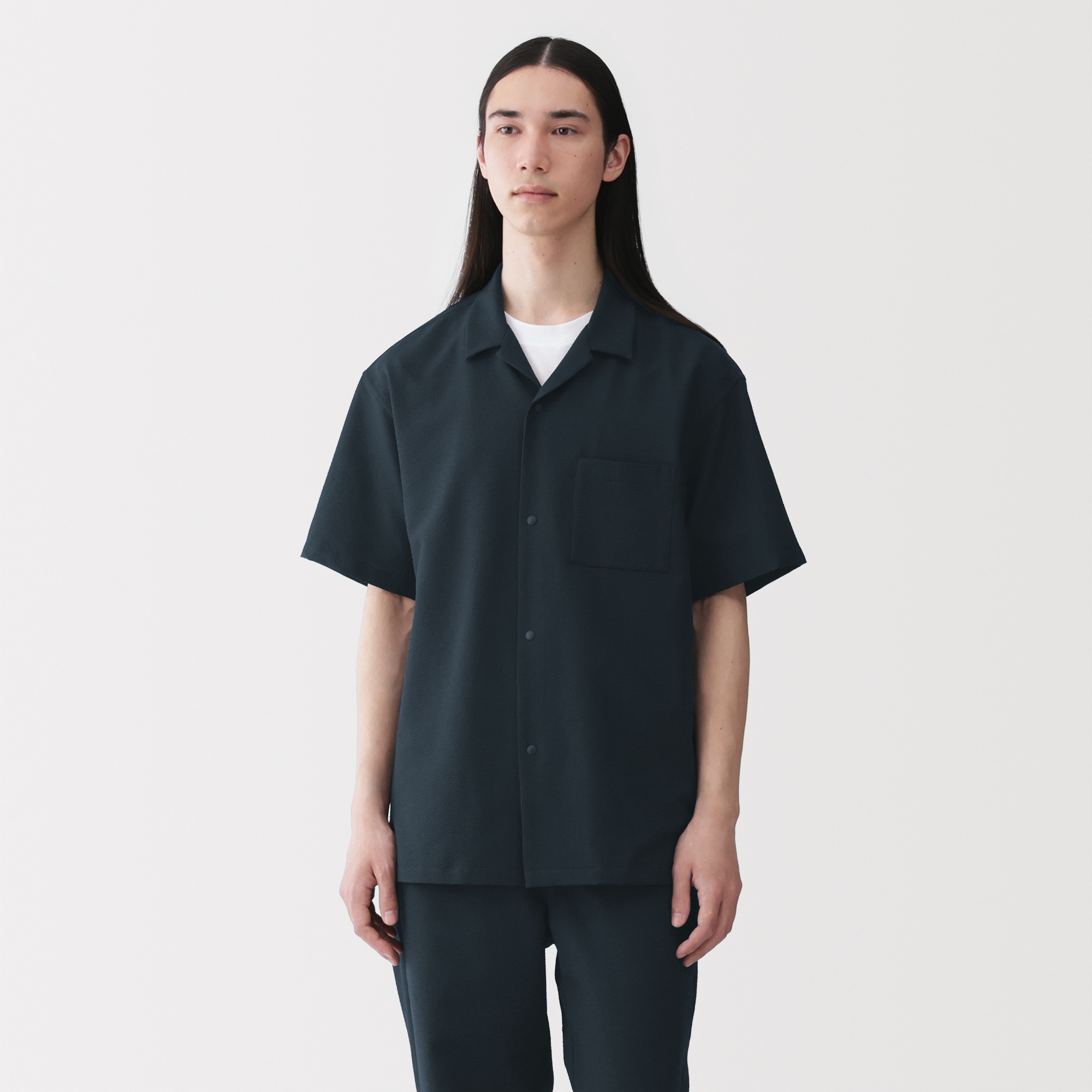 M's Breathable seersucker open collar S/Slv shirt