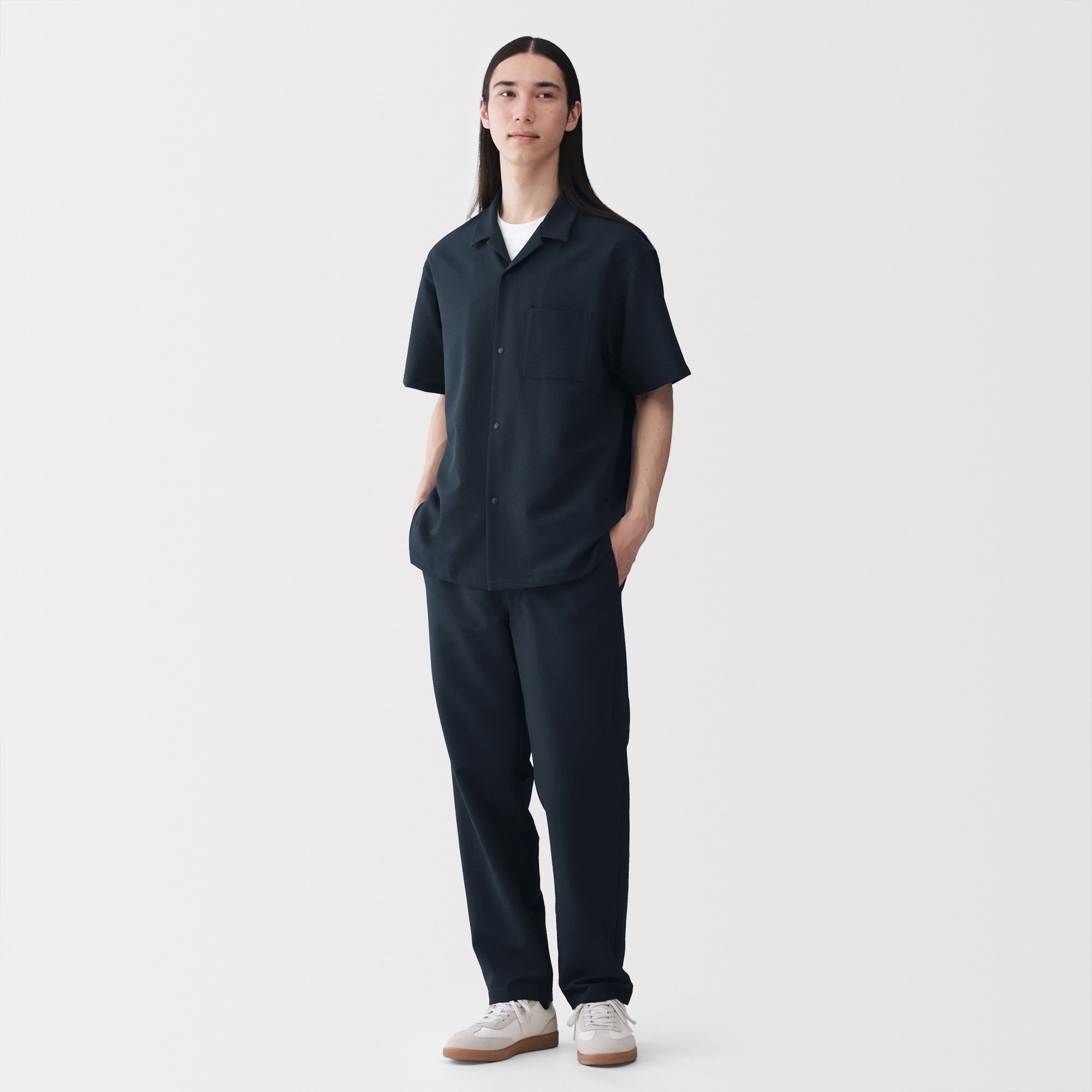 M's Breathable seersucker open collar S/Slv shirt