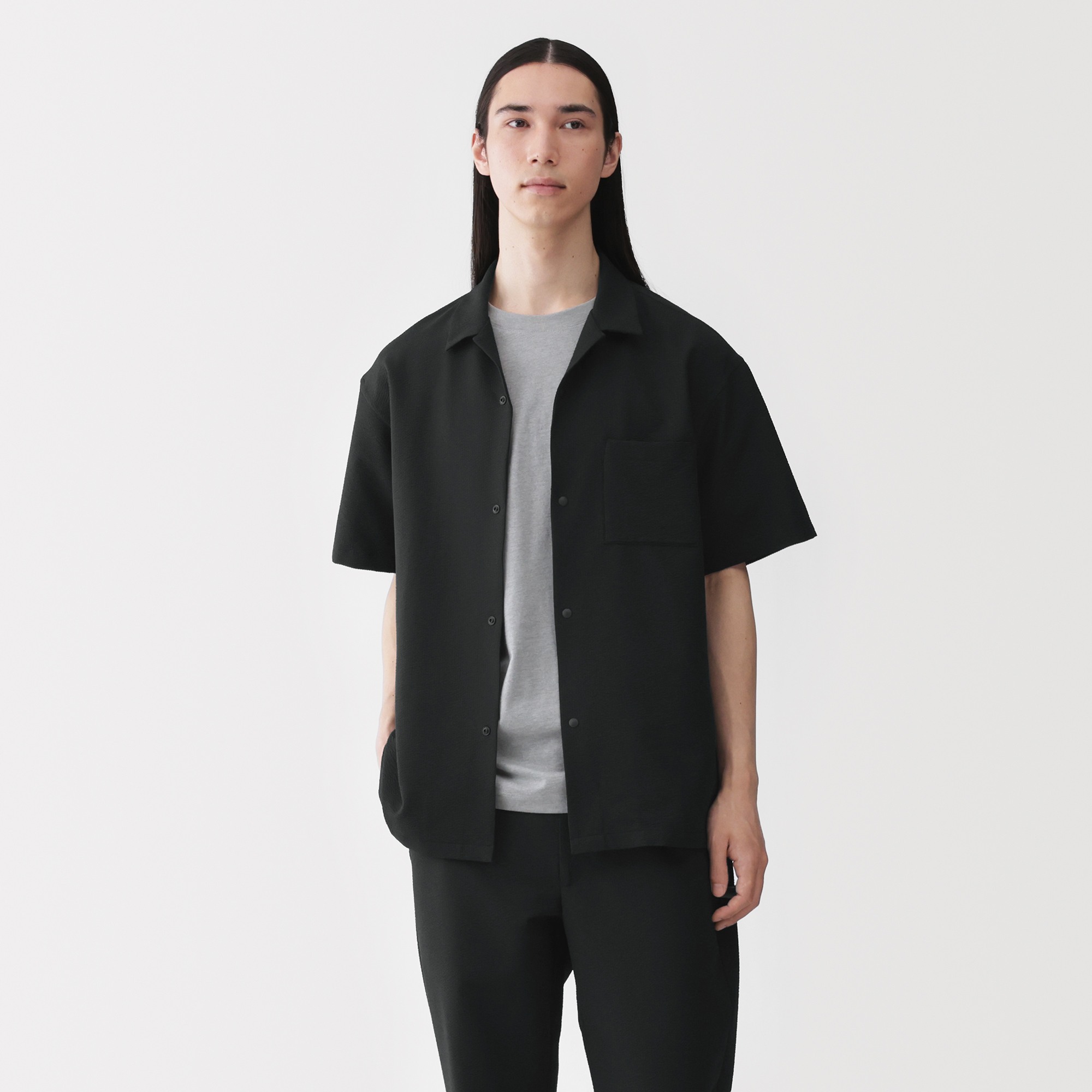 M's Breathable seersucker open collar S/Slv shirt