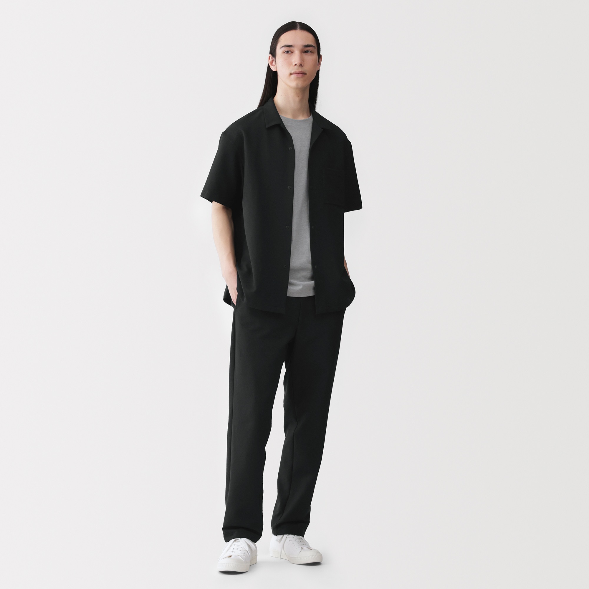 M's Breathable seersucker open collar S/Slv shirt