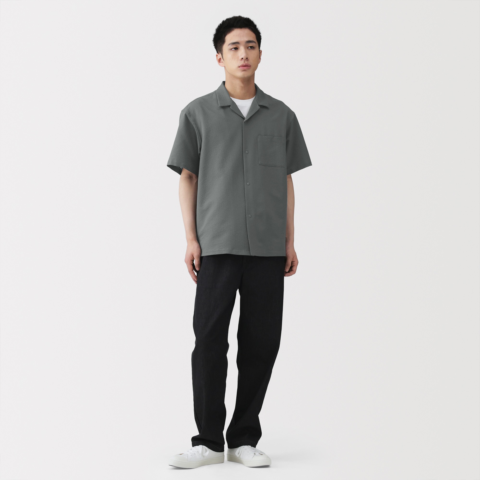 M's Breathable seersucker open collar S/Slv shirt