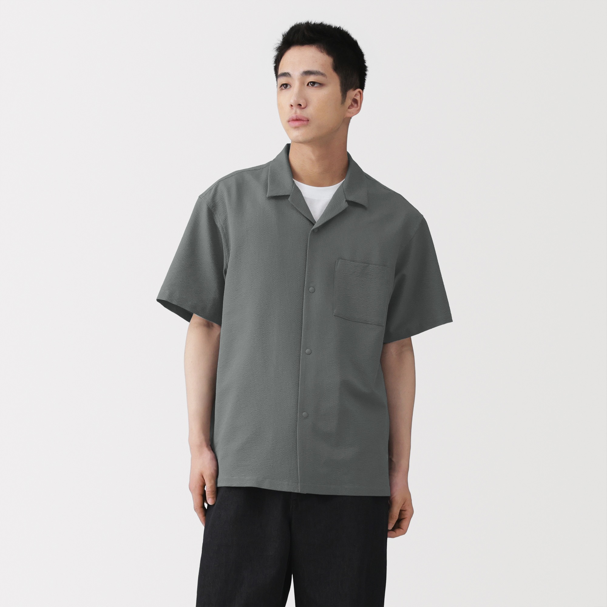 M's Breathable seersucker open collar S/Slv shirt