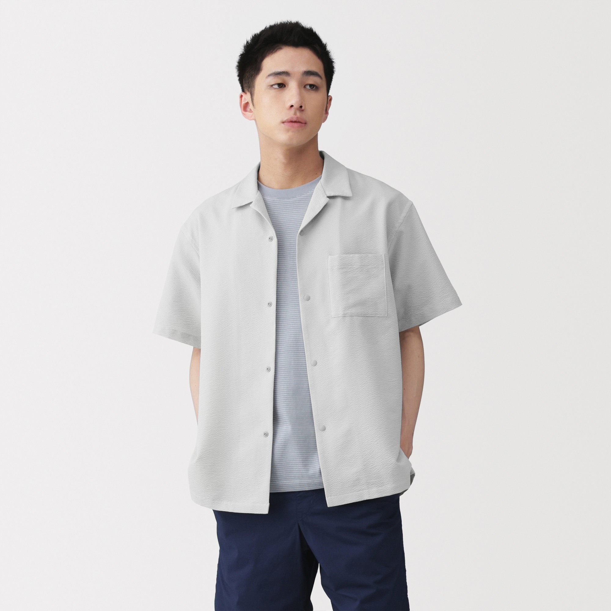 M's Breathable seersucker open collar S/Slv shirt