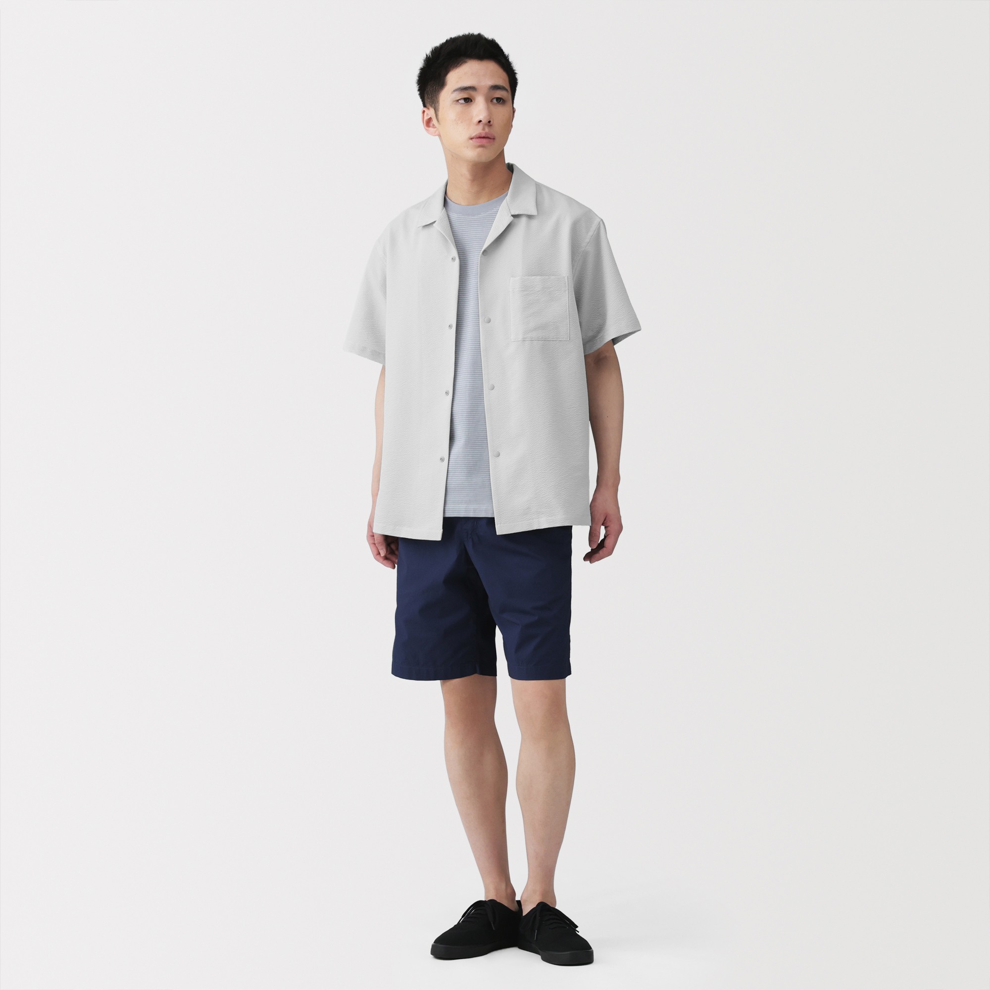 M's Breathable seersucker open collar S/Slv shirt