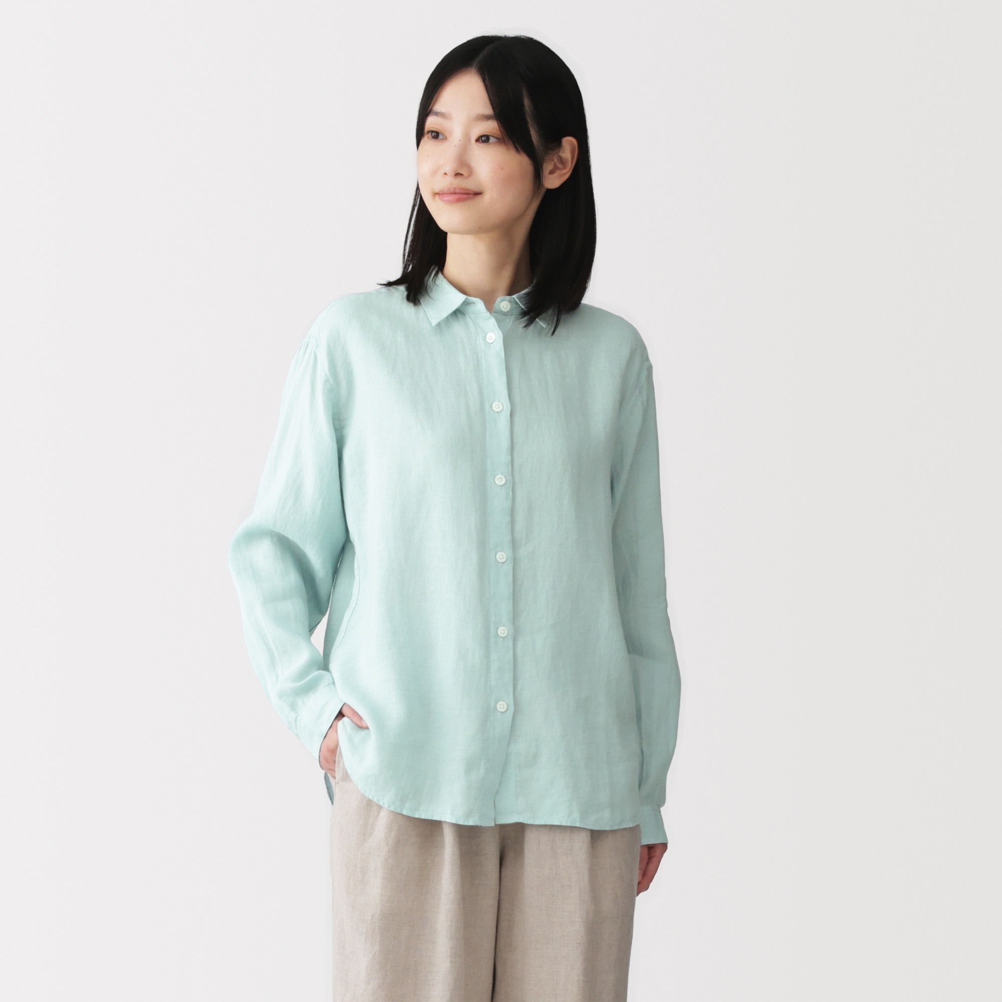 W's Washed linen Regular collar L/Slv shirt