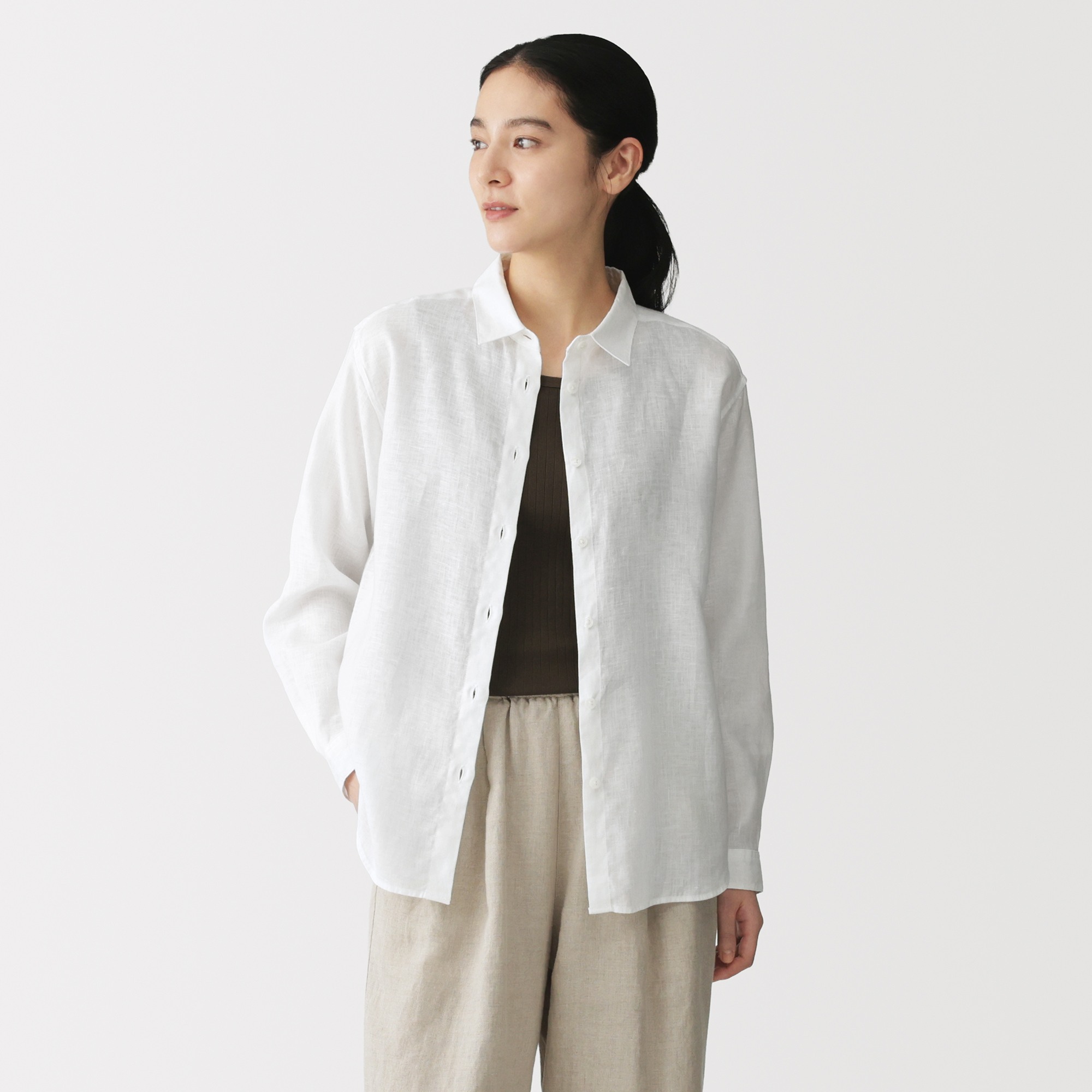 W's Washed linen Regular collar L/Slv shirt