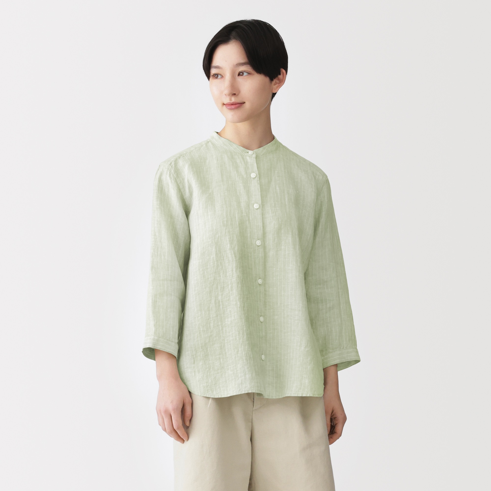 W's Washed linen 3/4 sleeve blouse