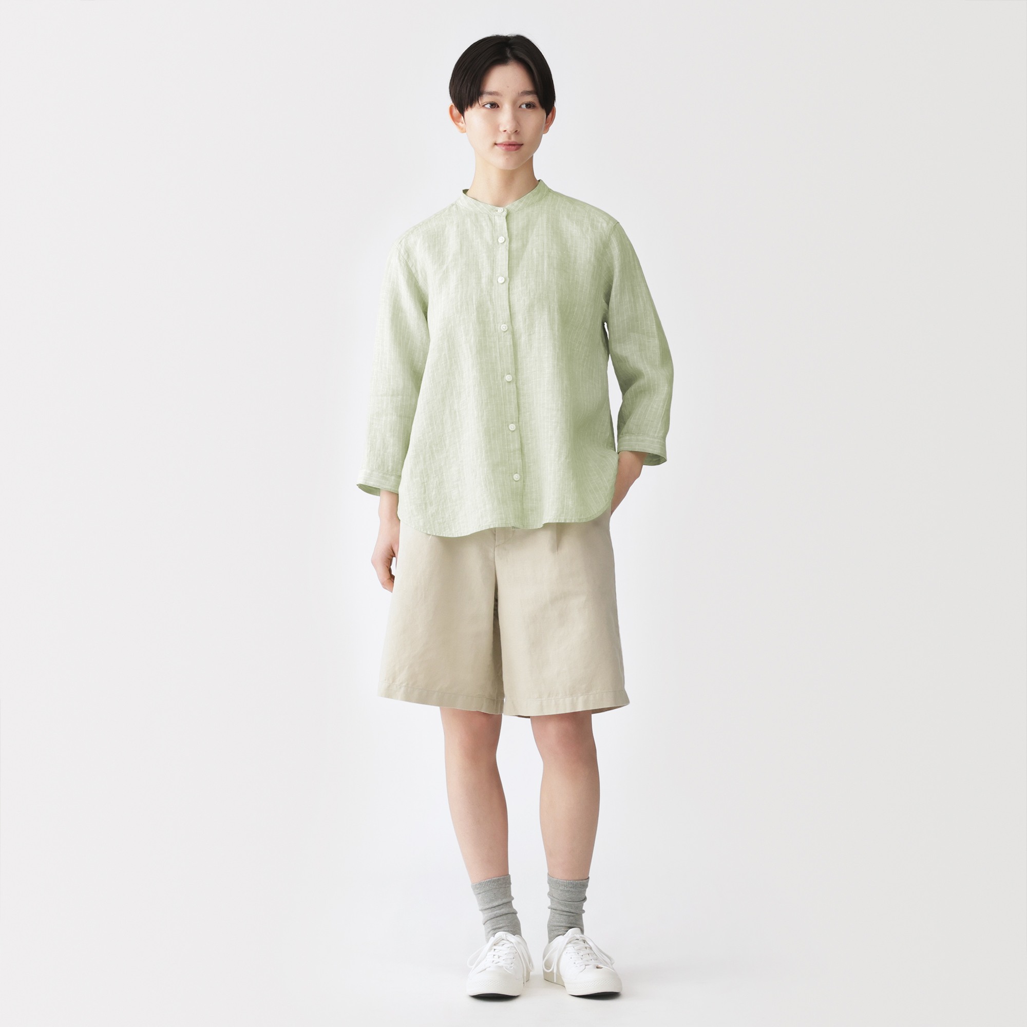 W's Washed linen 3/4 sleeve blouse