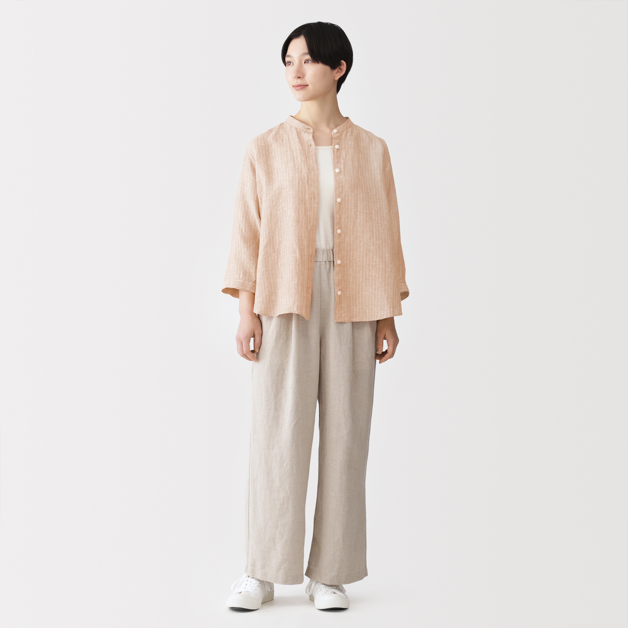 W's Washed linen 3/4 sleeve blouse