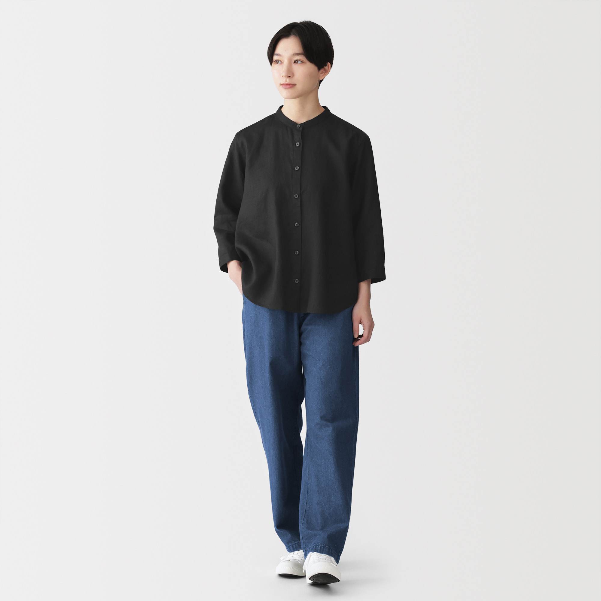 W's Washed linen 3/4 sleeve blouse