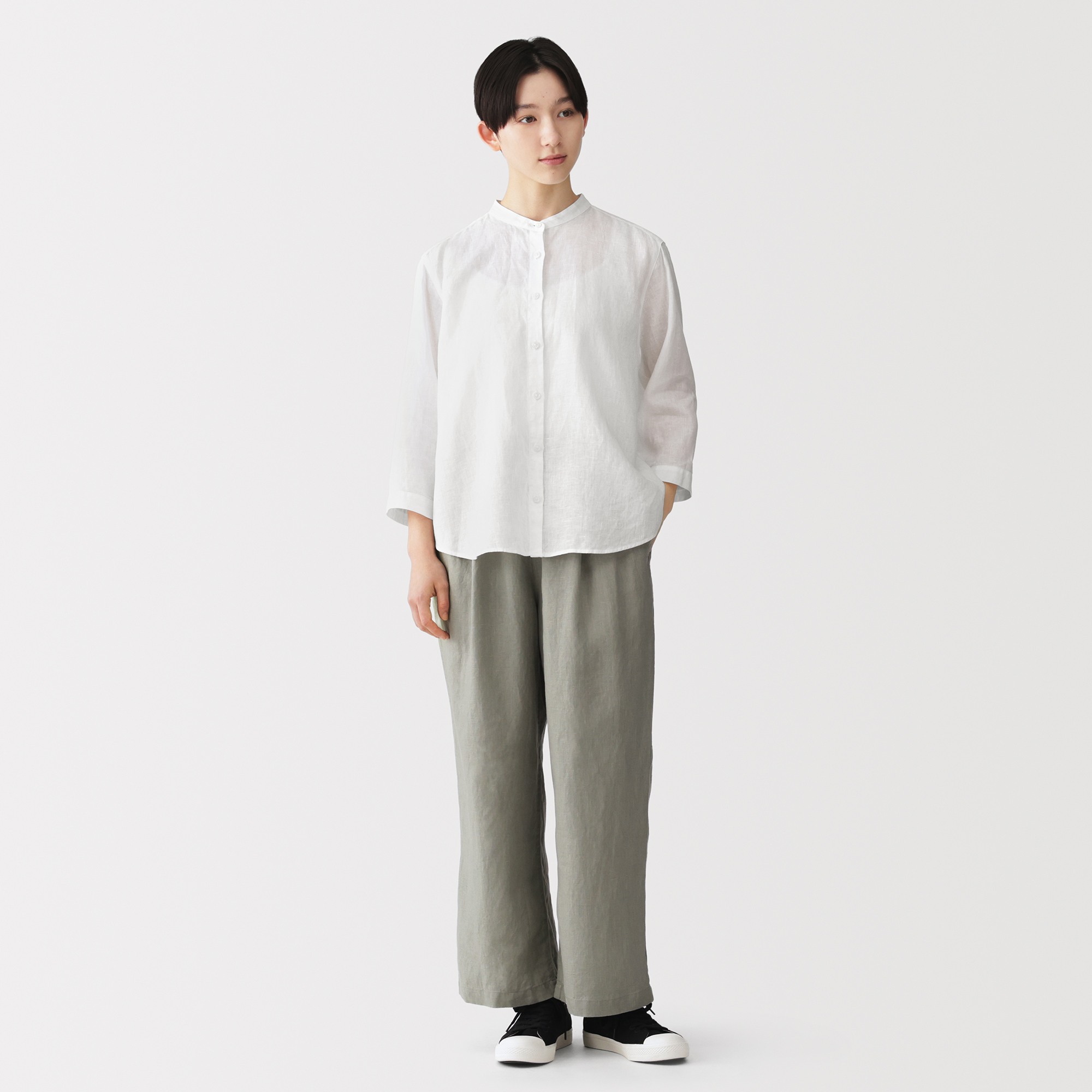 W's Washed linen 3/4 sleeve blouse
