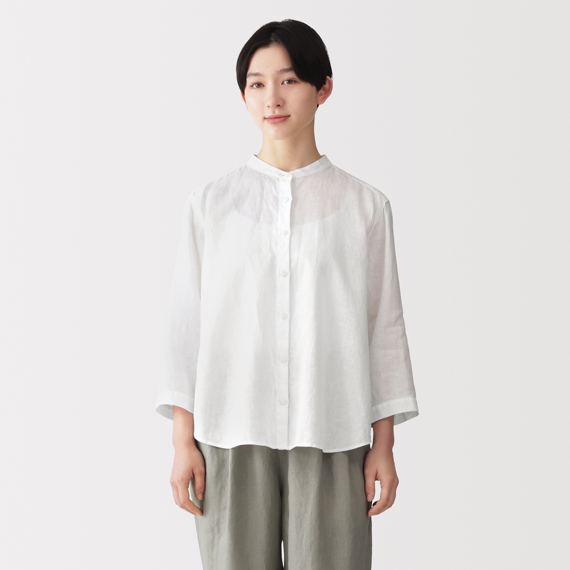 W's Washed linen 3/4 sleeve blouse