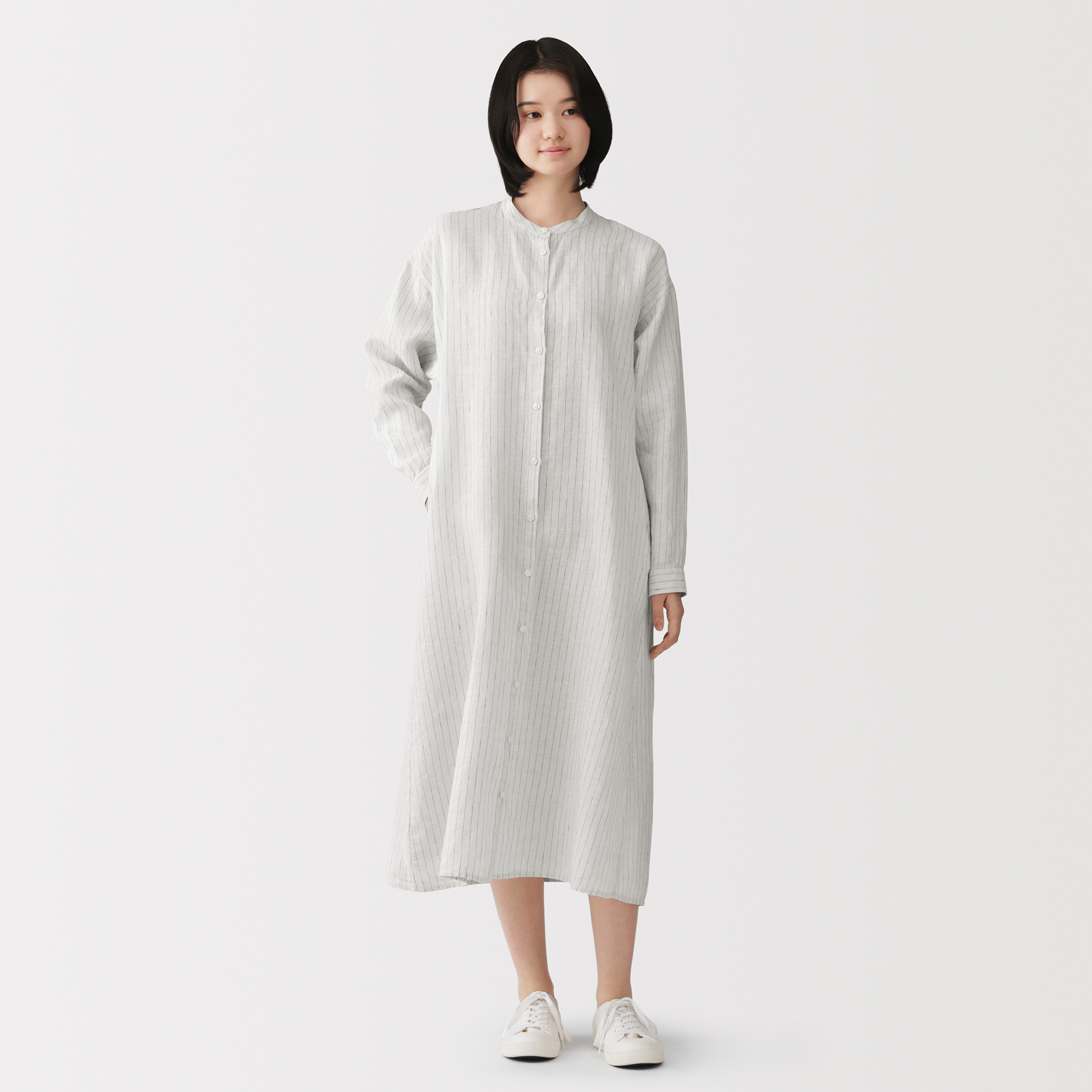 W's Washed linen L/Slv shirt dress