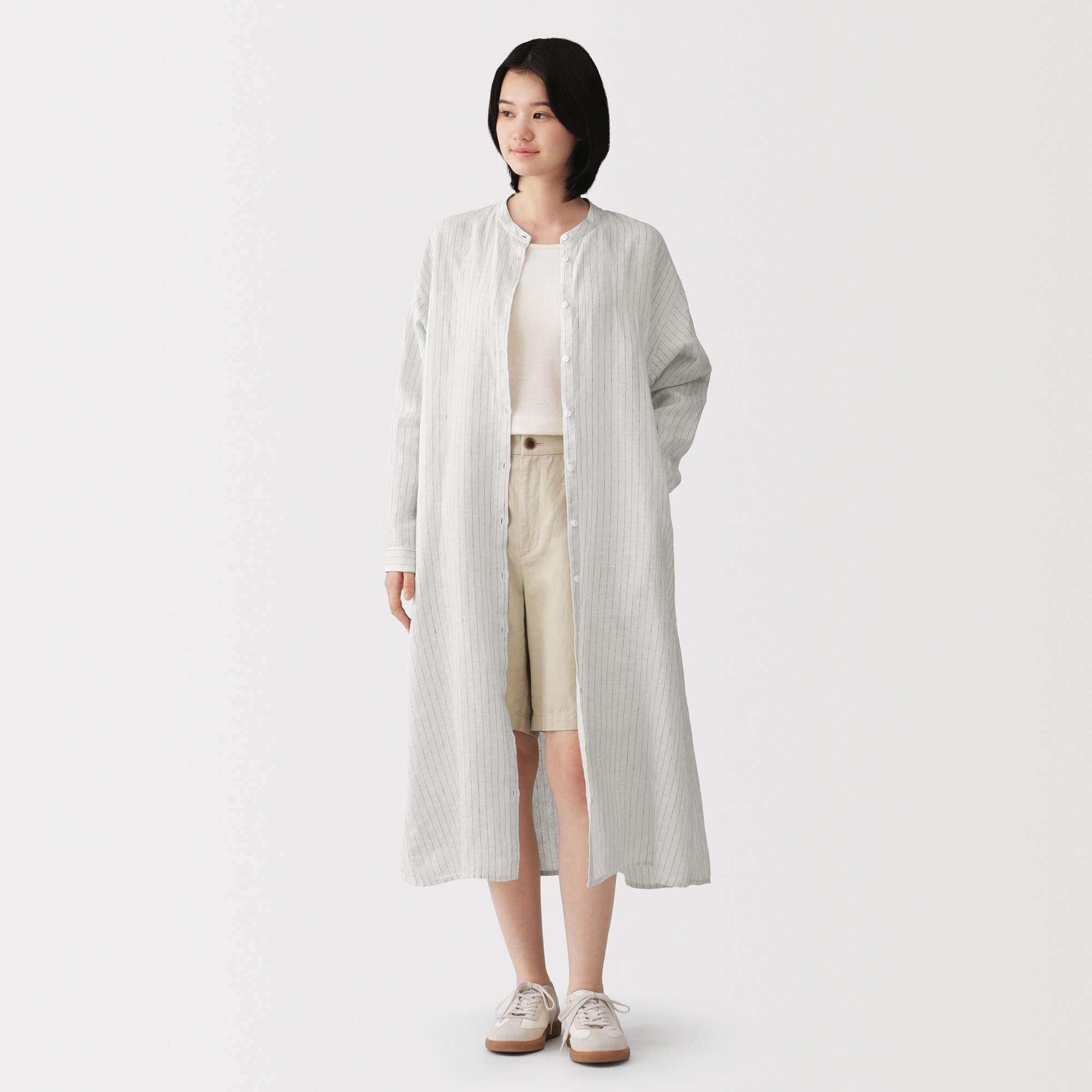 W's Washed linen L/Slv shirt dress