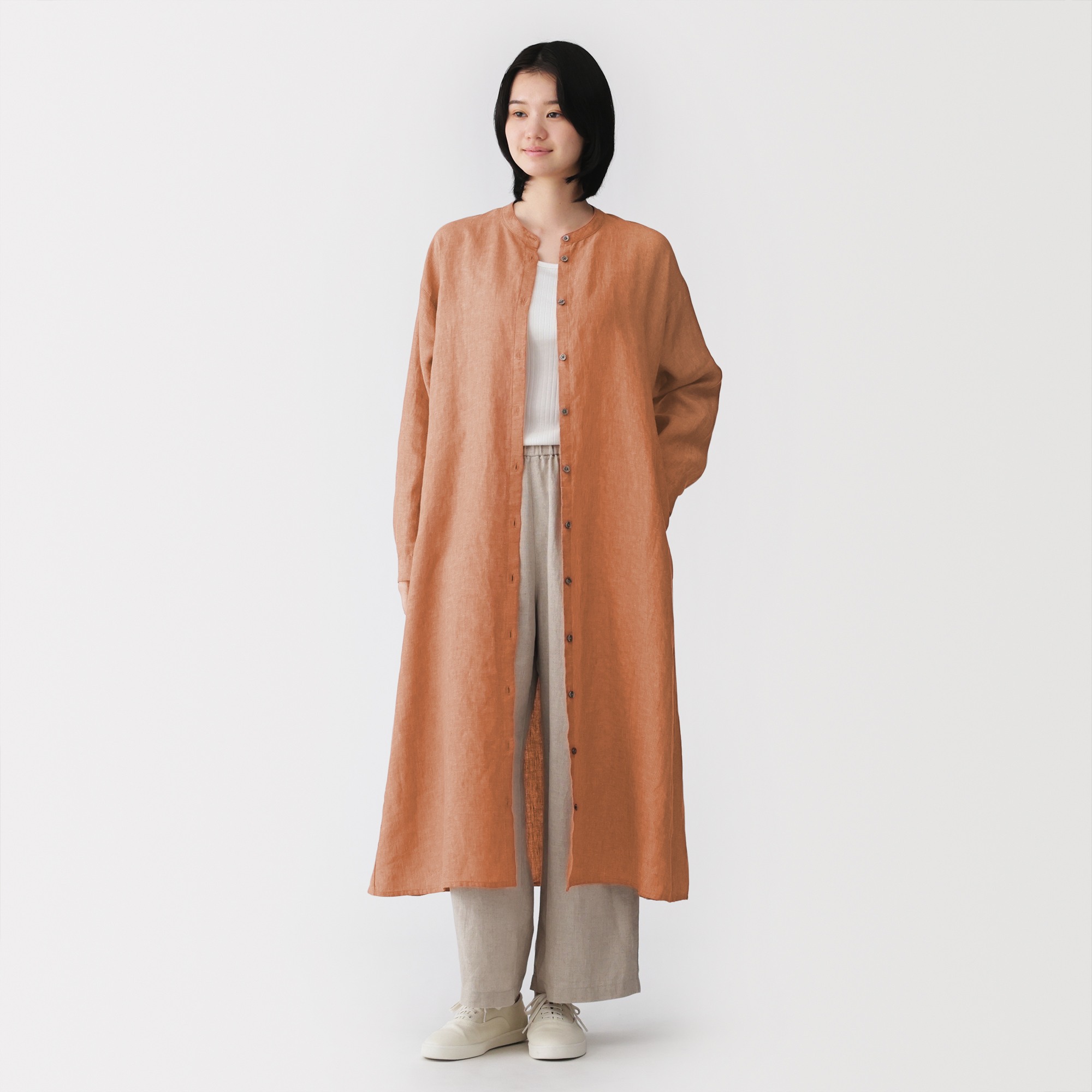 W's Washed linen L/Slv shirt dress