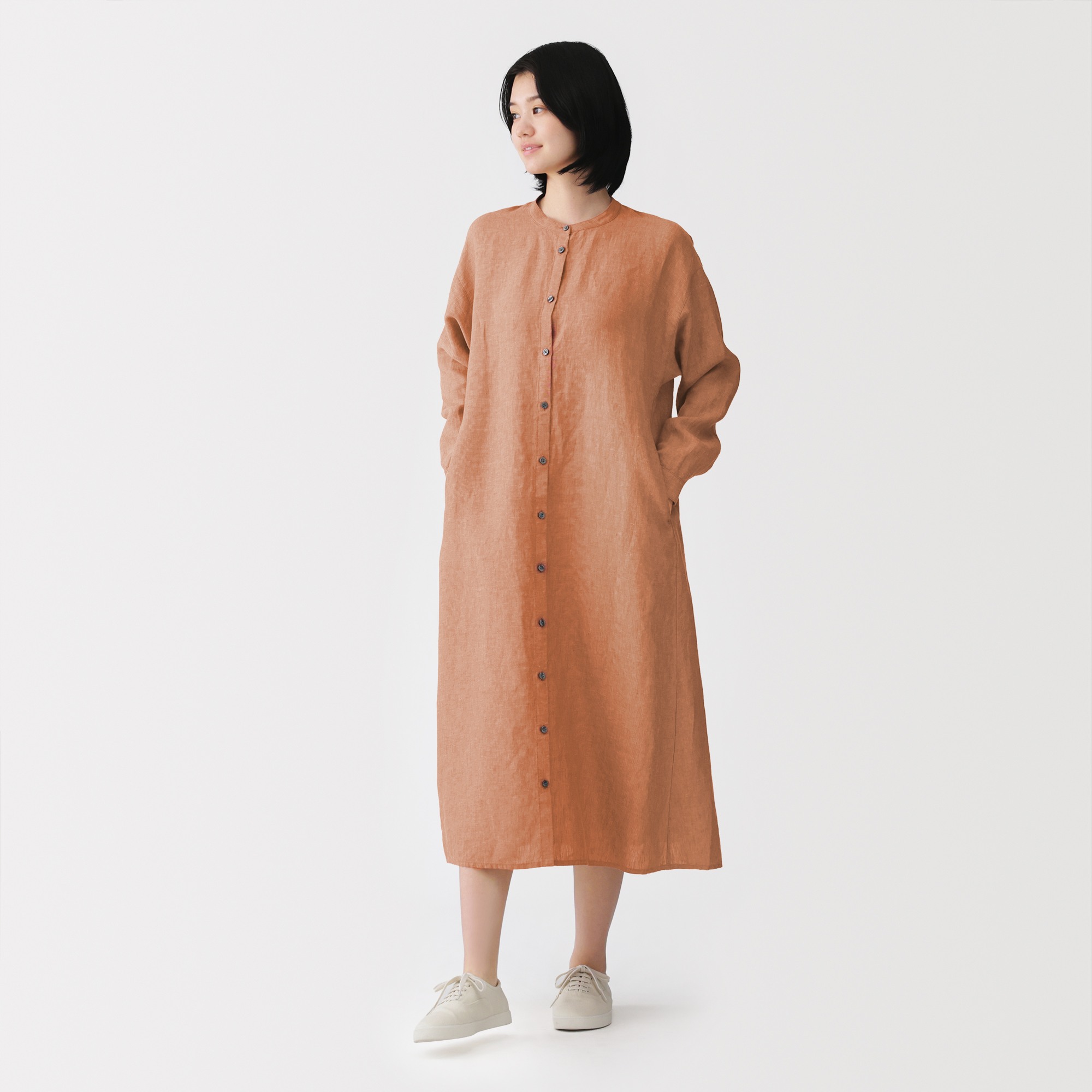 W's Washed linen L/Slv shirt dress