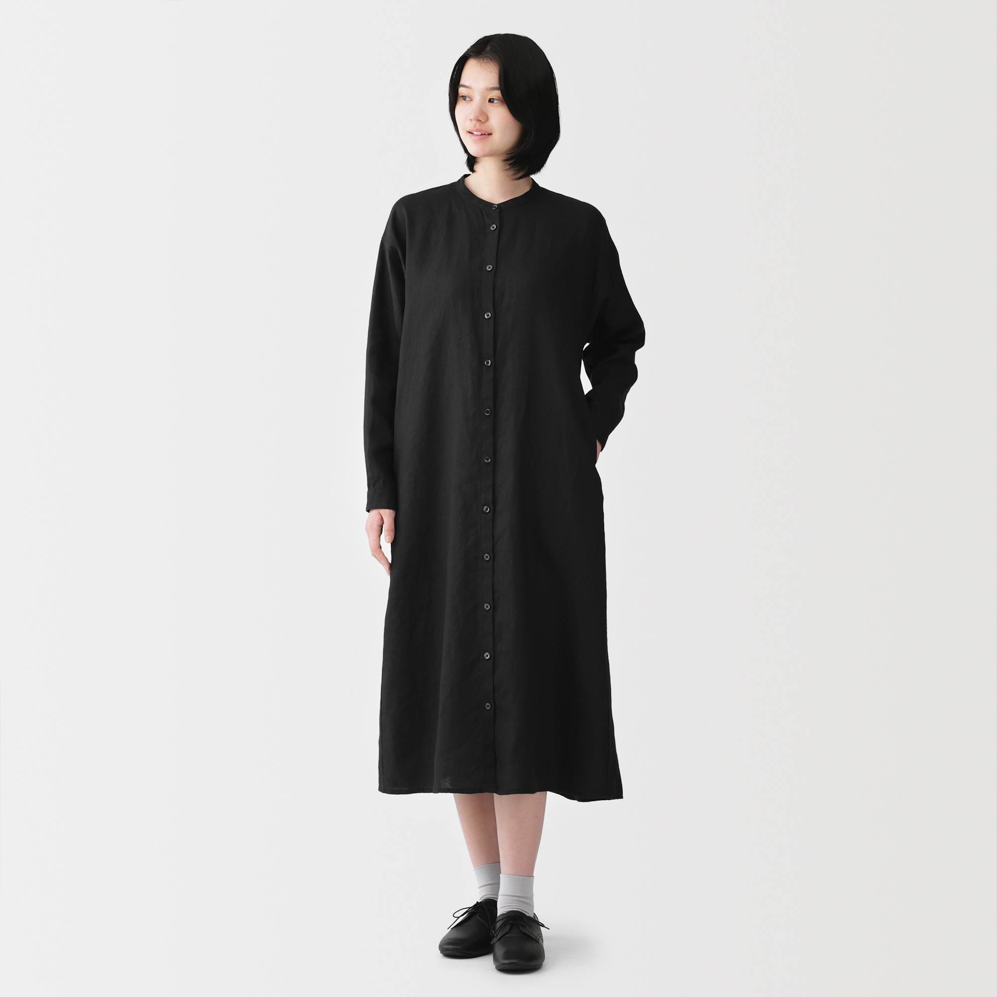 W's Washed linen L/Slv shirt dress