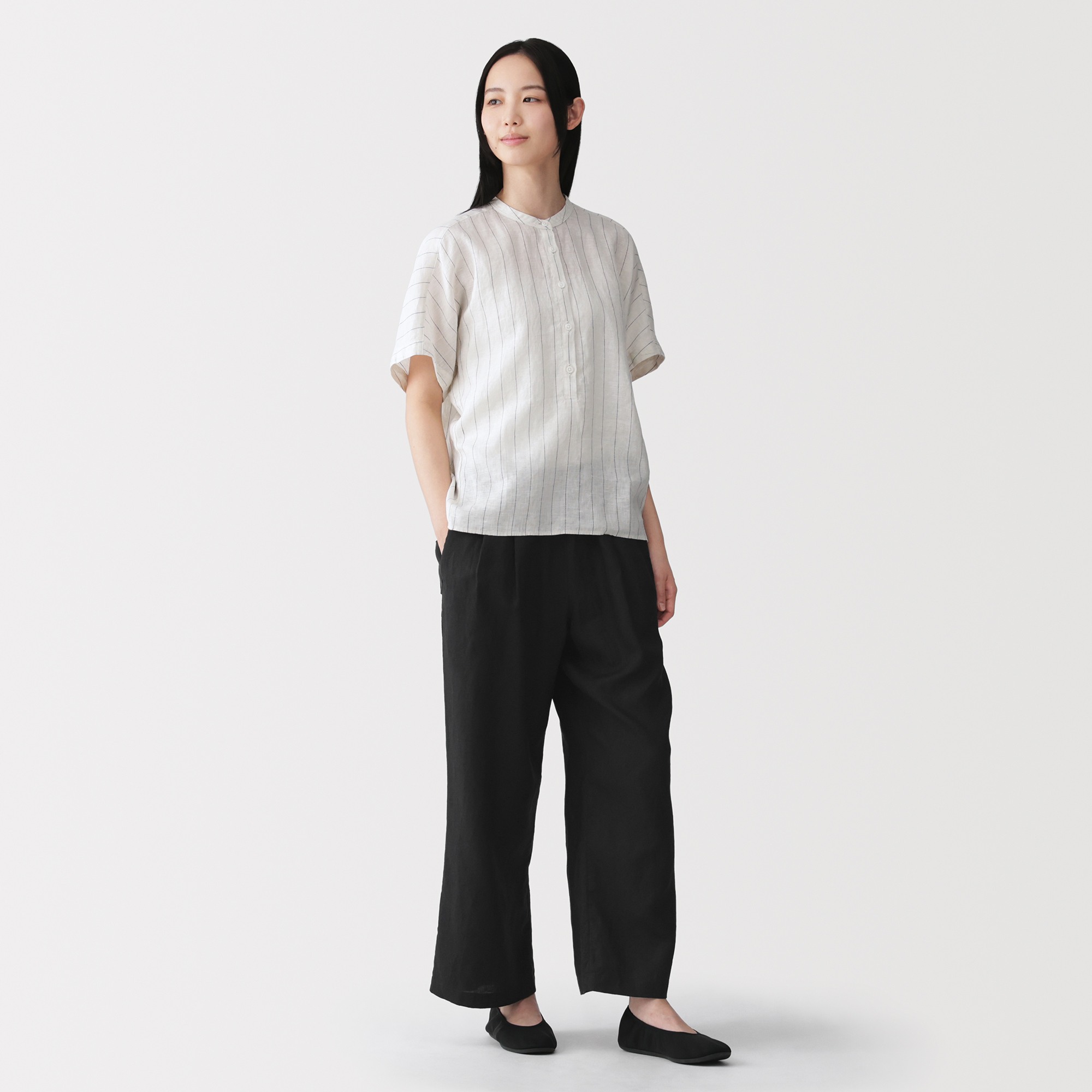 W's Washed linen easy wide-fit pants