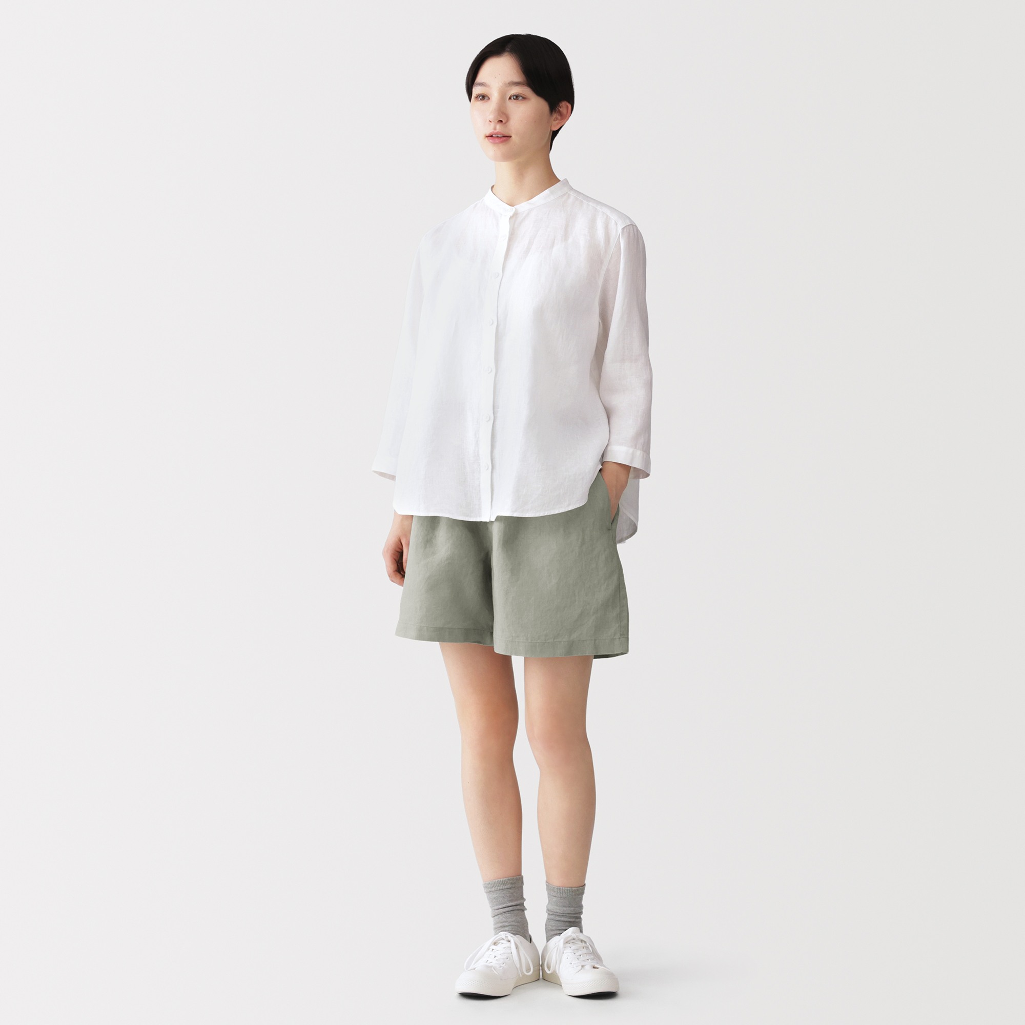 W's Washed linen shorts