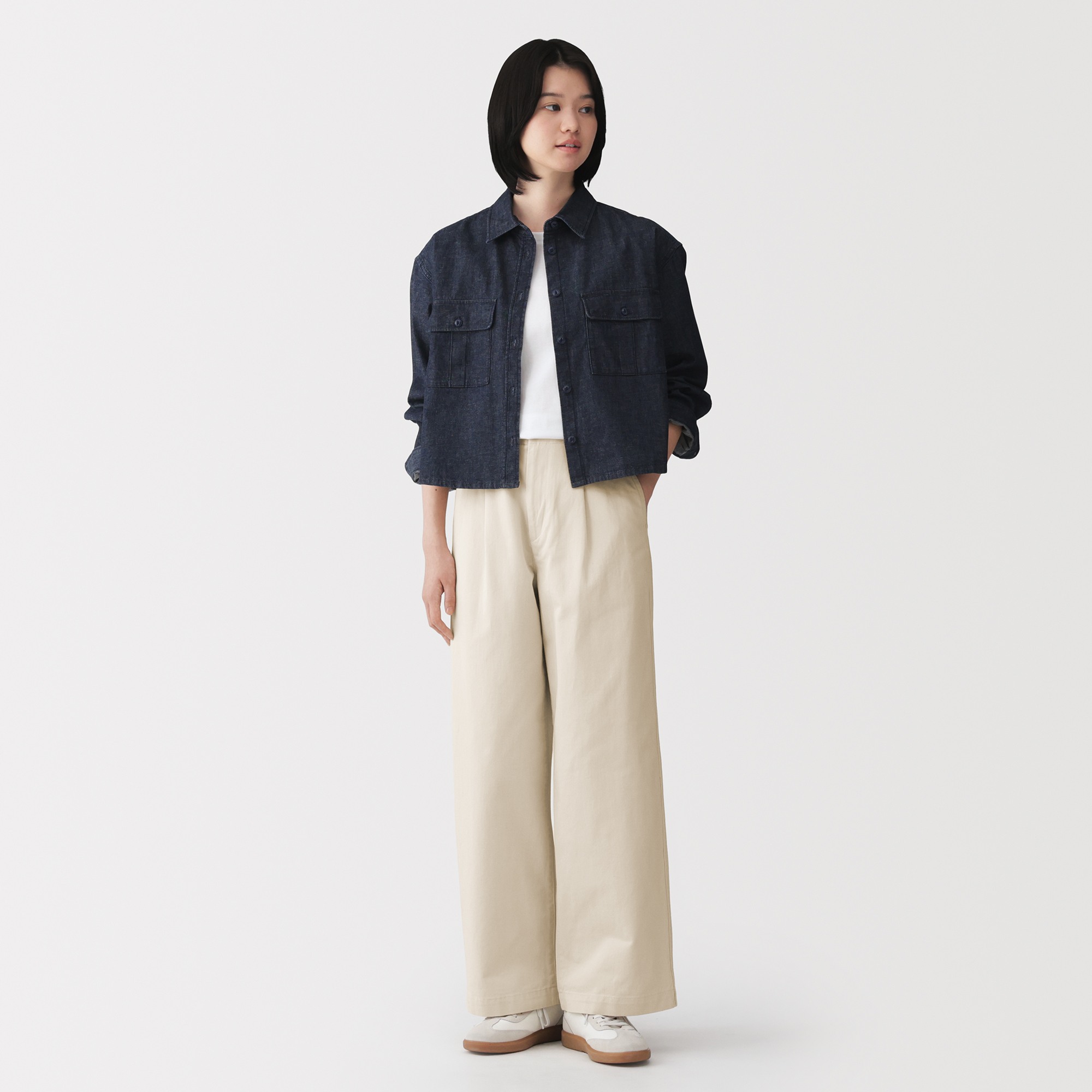 W's Slub yarn chino darted wide-fit pants (long)
