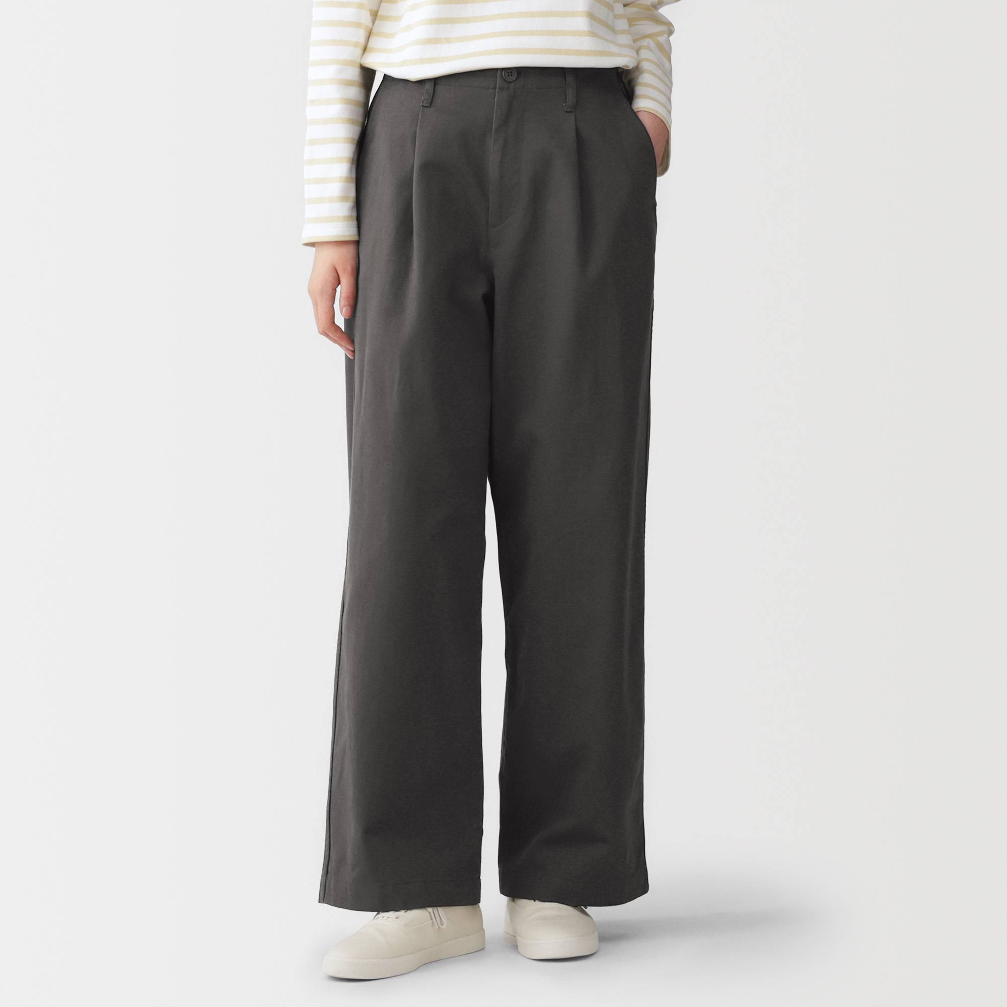 W's Slub yarn chino darted wide-fit pants (long)