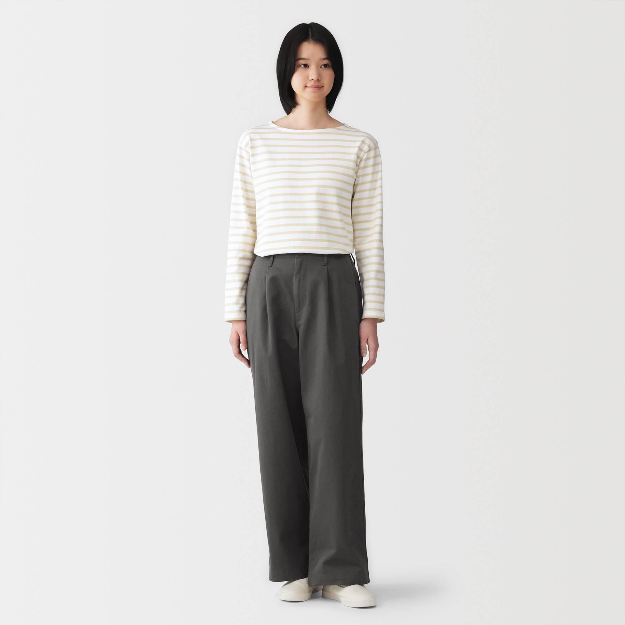 W's Slub yarn chino darted wide-fit pants (long)