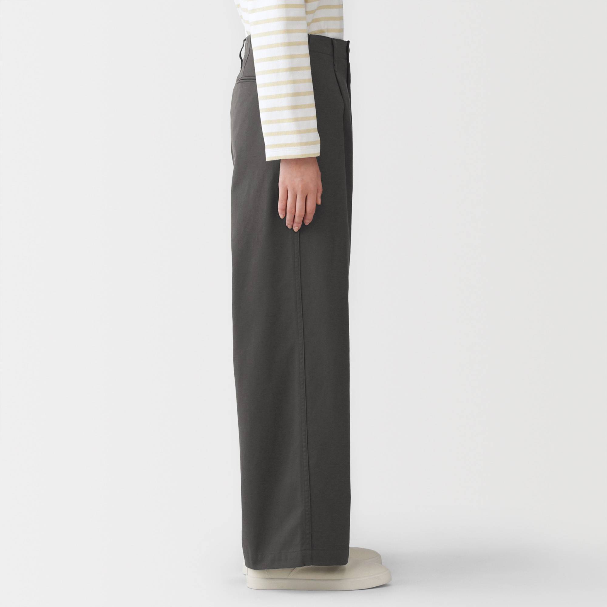 W's Slub yarn chino darted wide-fit pants (long)