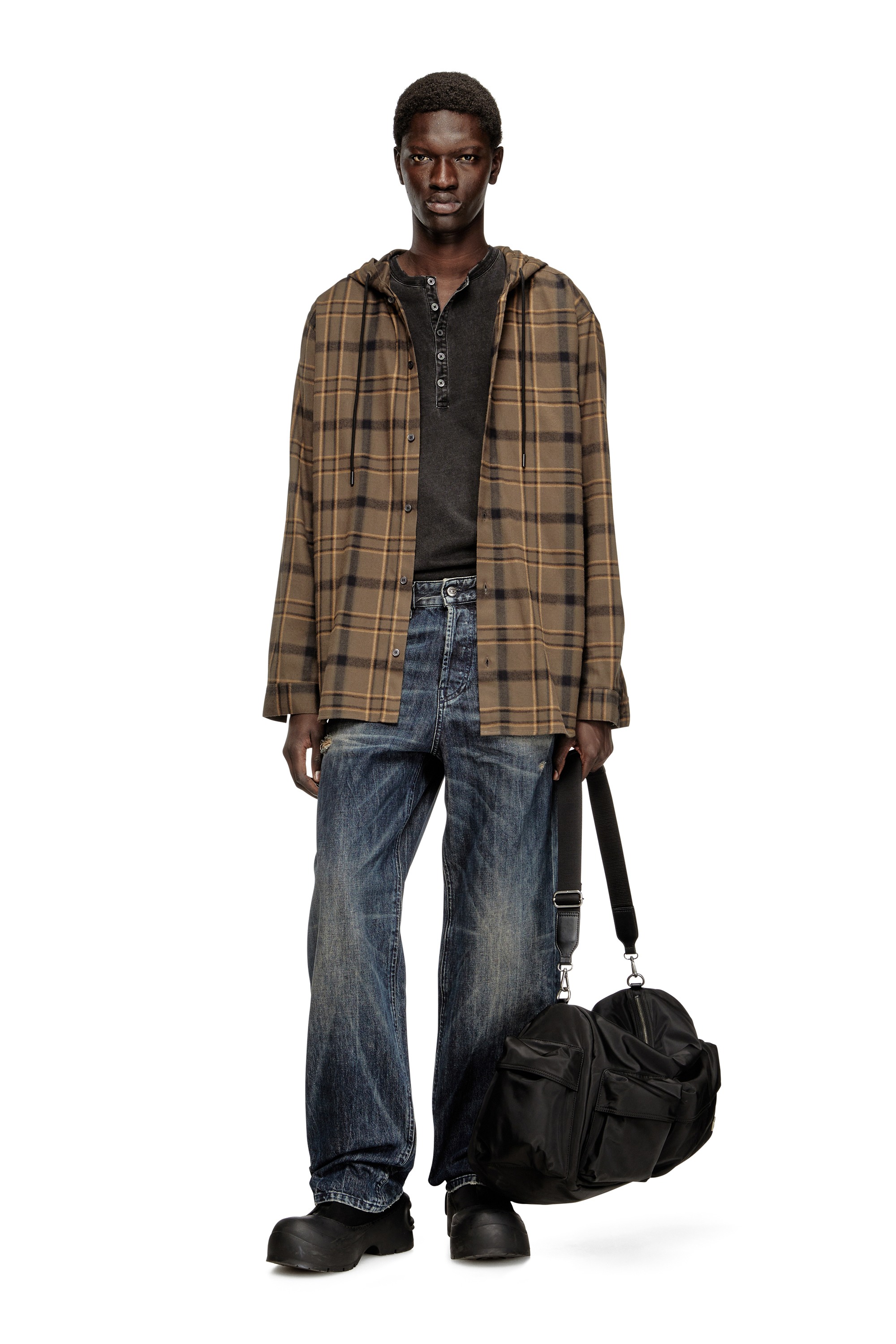 Brown Hooded shirt in check flannel with logo