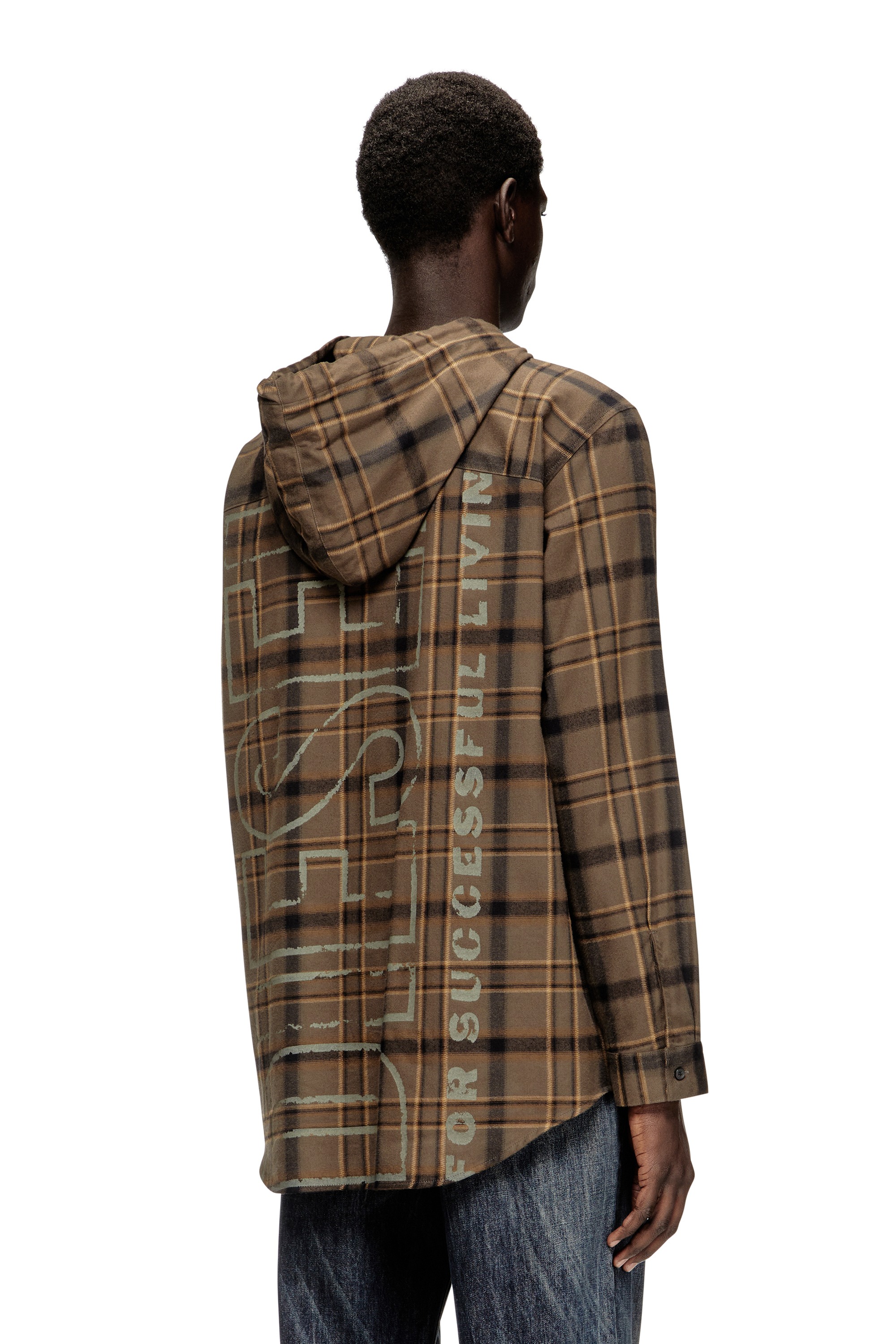 Brown Hooded shirt in check flannel with logo