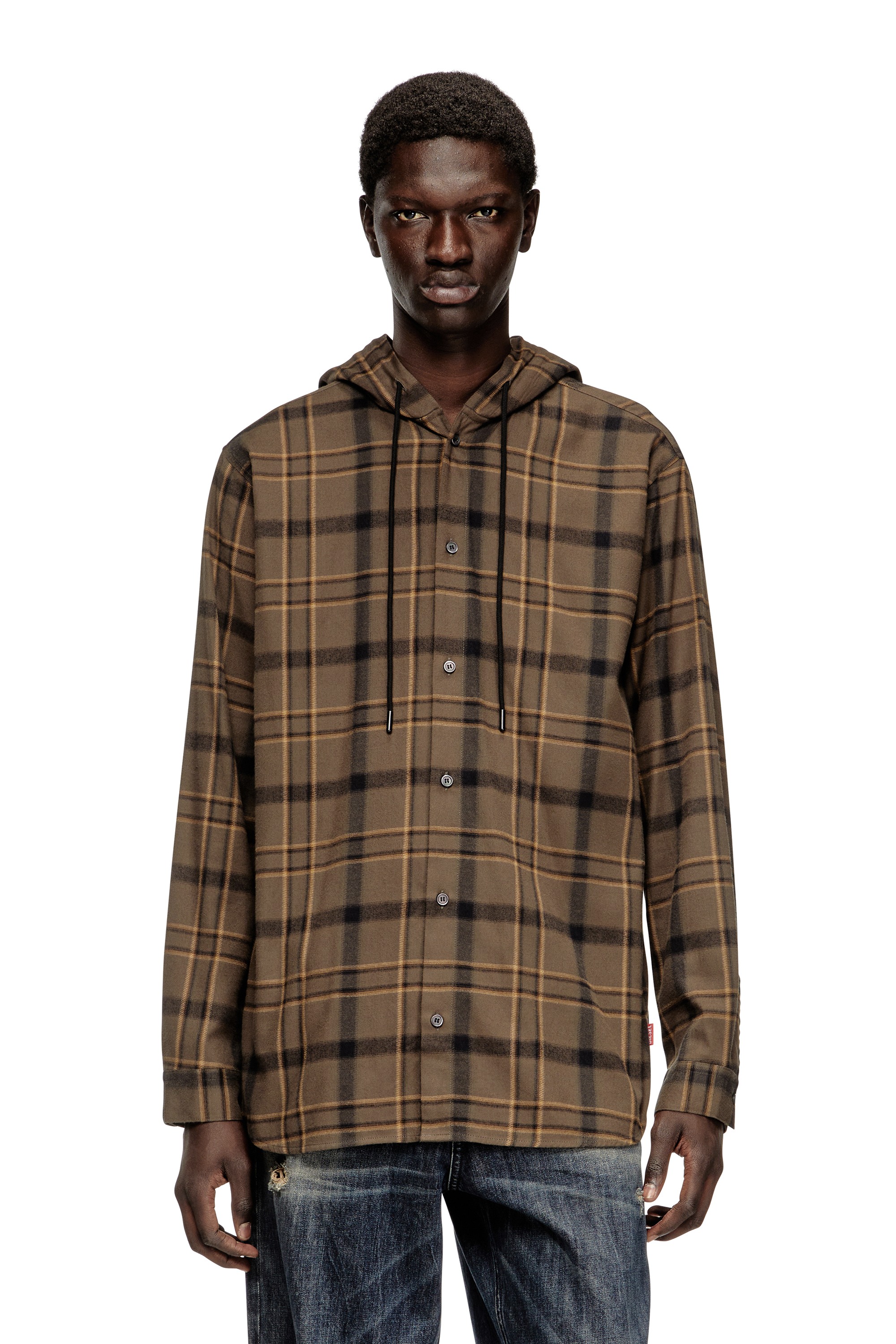 Brown Hooded shirt in check flannel with logo